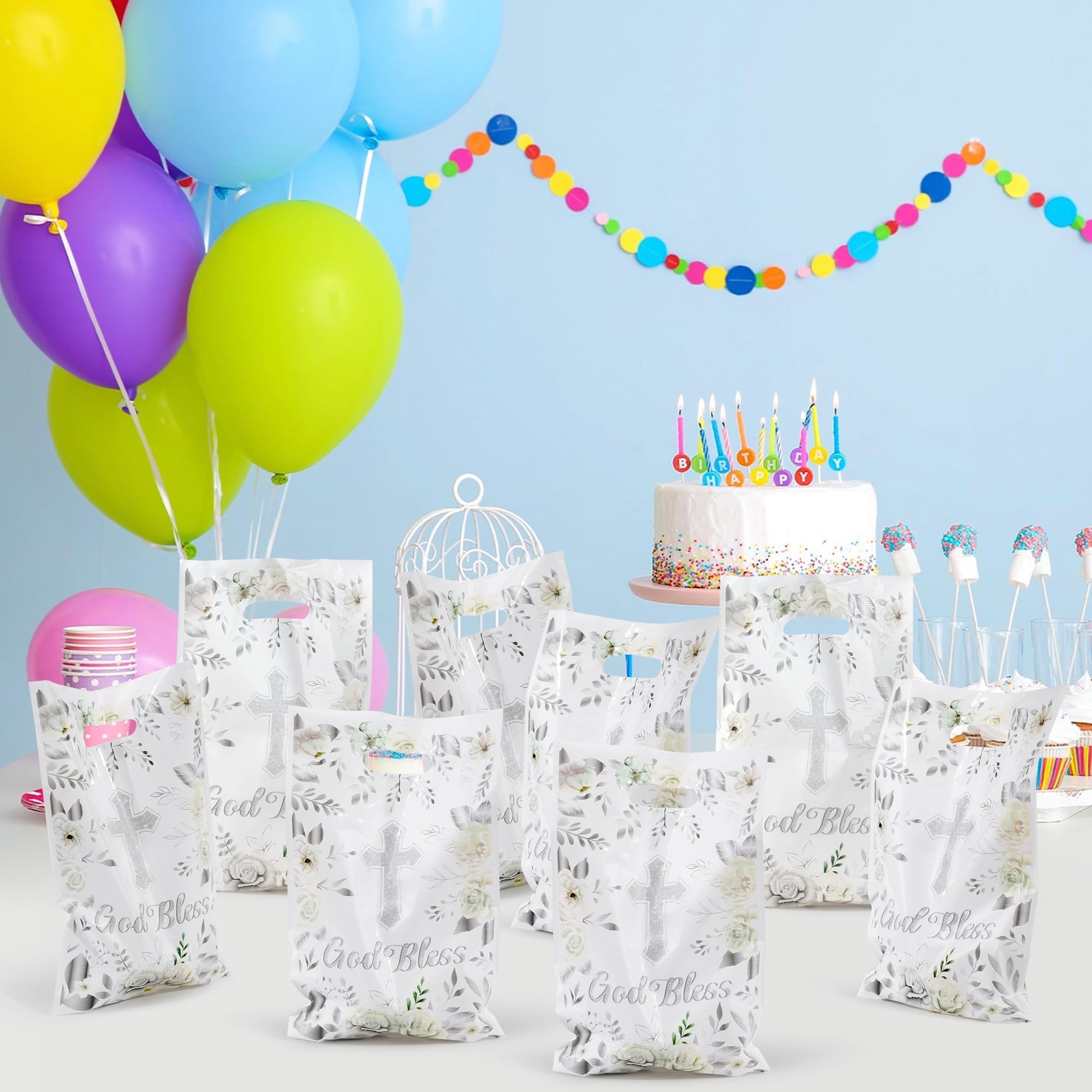 ANGOLIO 50Pcs First Communion Party Favor Bags - Silver White Cross Floral Design Treat Bags with Handles for Candy, Baptism & Religious Celebrations - Image 5