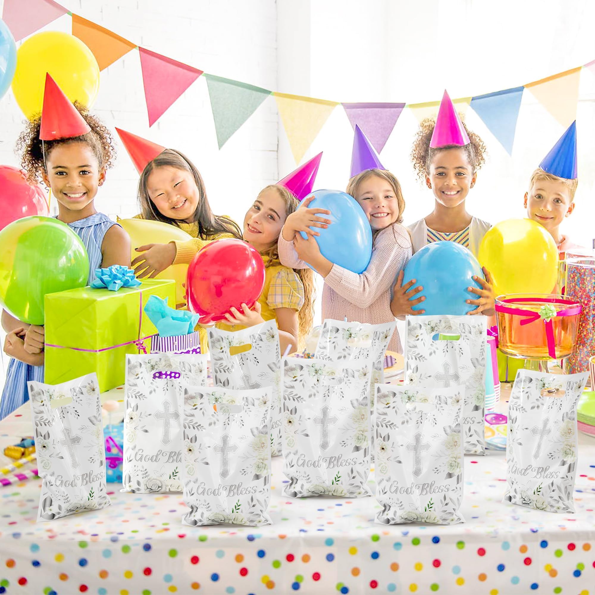 ANGOLIO 50Pcs First Communion Party Favor Bags - Silver White Cross Floral Design Treat Bags with Handles for Candy, Baptism & Religious Celebrations - Image 6