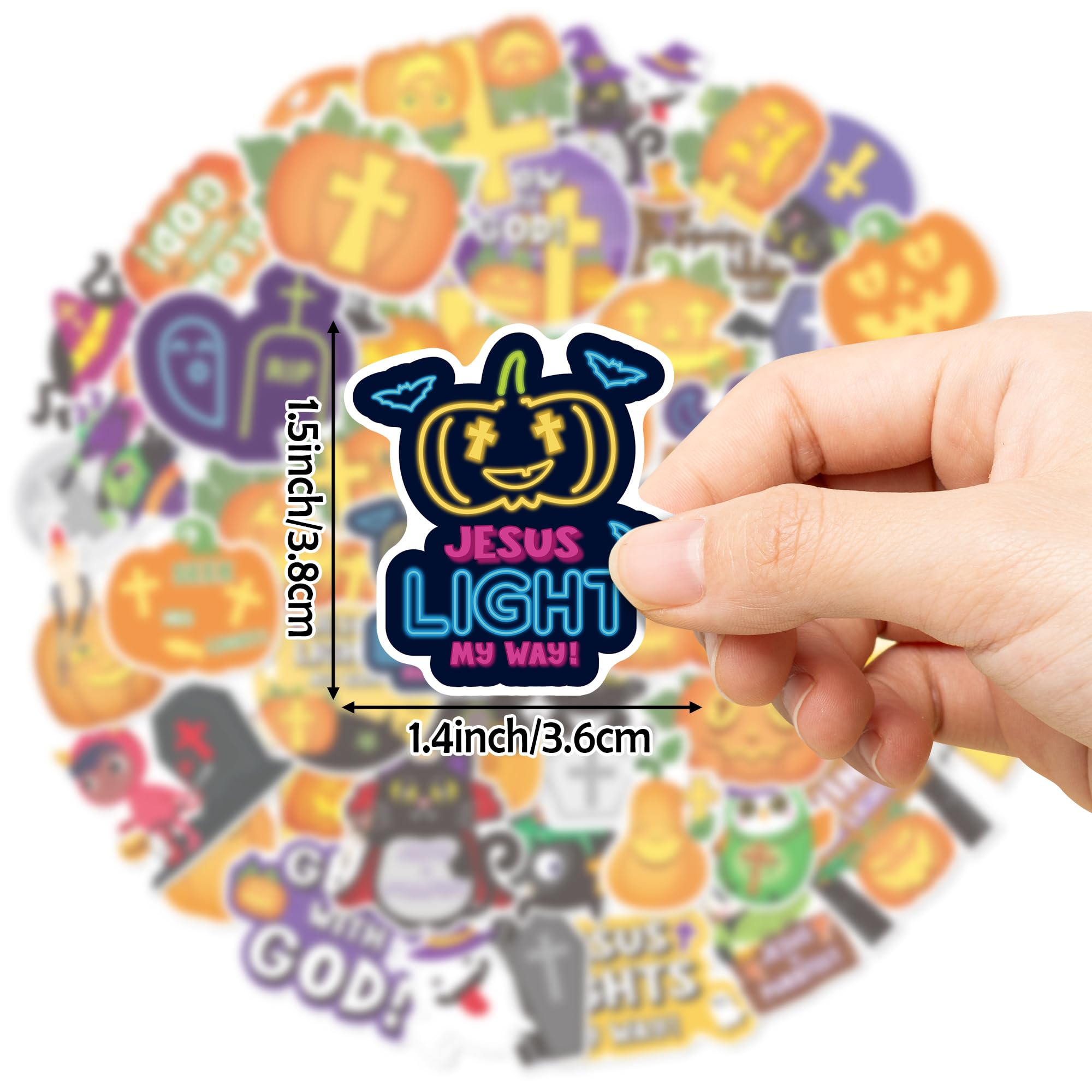 ANGOLIO 50Pcs Halloween Stickers for Kids, Cute Cartoon Pumpkins Witch Black Cat Christian Crosses Vinyl Waterproof Decals for Water Bottles Notebooks Laptop - Image 3