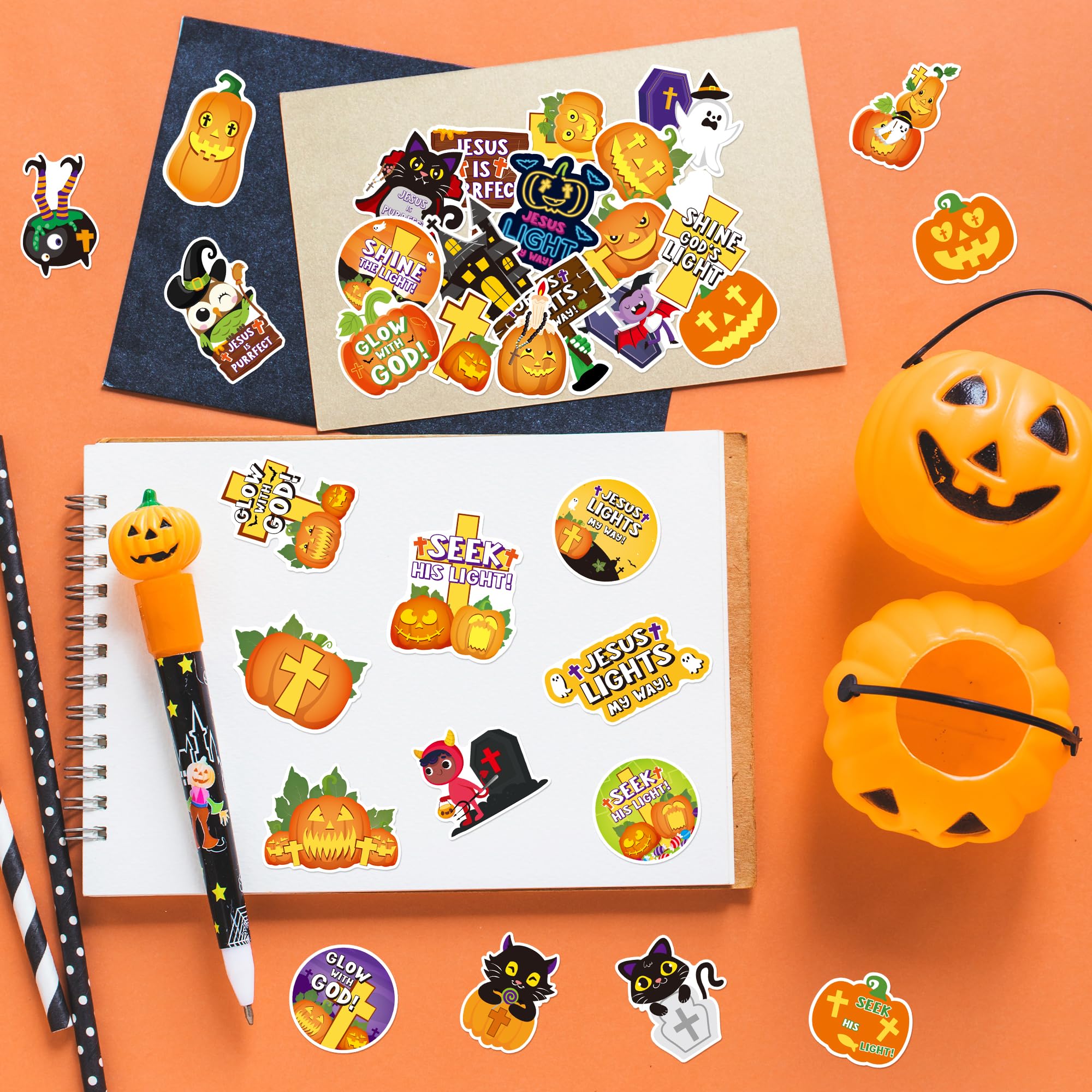 ANGOLIO 50Pcs Halloween Stickers for Kids, Cute Cartoon Pumpkins Witch Black Cat Christian Crosses Vinyl Waterproof Decals for Water Bottles Notebooks Laptop - Image 4
