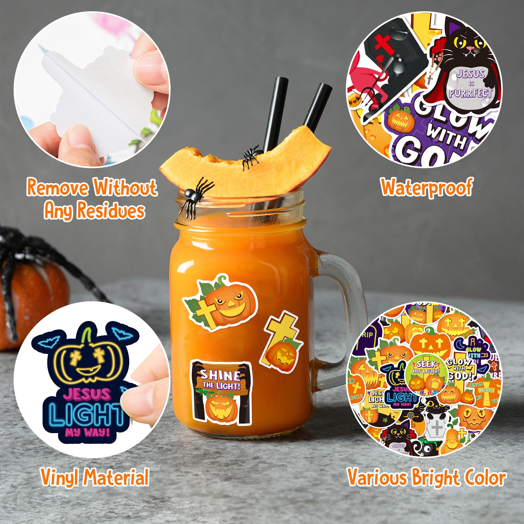 ANGOLIO 50Pcs Halloween Stickers for Kids, Cute Cartoon Pumpkins Witch Black Cat Christian Crosses Vinyl Waterproof Decals for Water Bottles Notebooks Laptop - Image 6