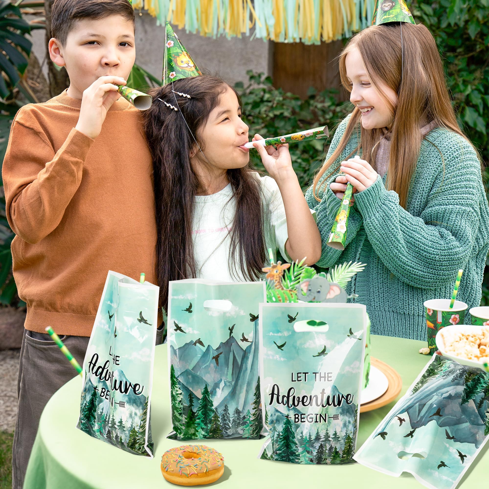 ANGOLIO 50Pcs Let the Adventure Begin Party Favor Bags, Adventure Tour Plastic Loot Gifts Bags, Camping Goody Candy Treat Packaging with Handles for Kids Camping Tour Themed Birthday Party Supplies - Image 5