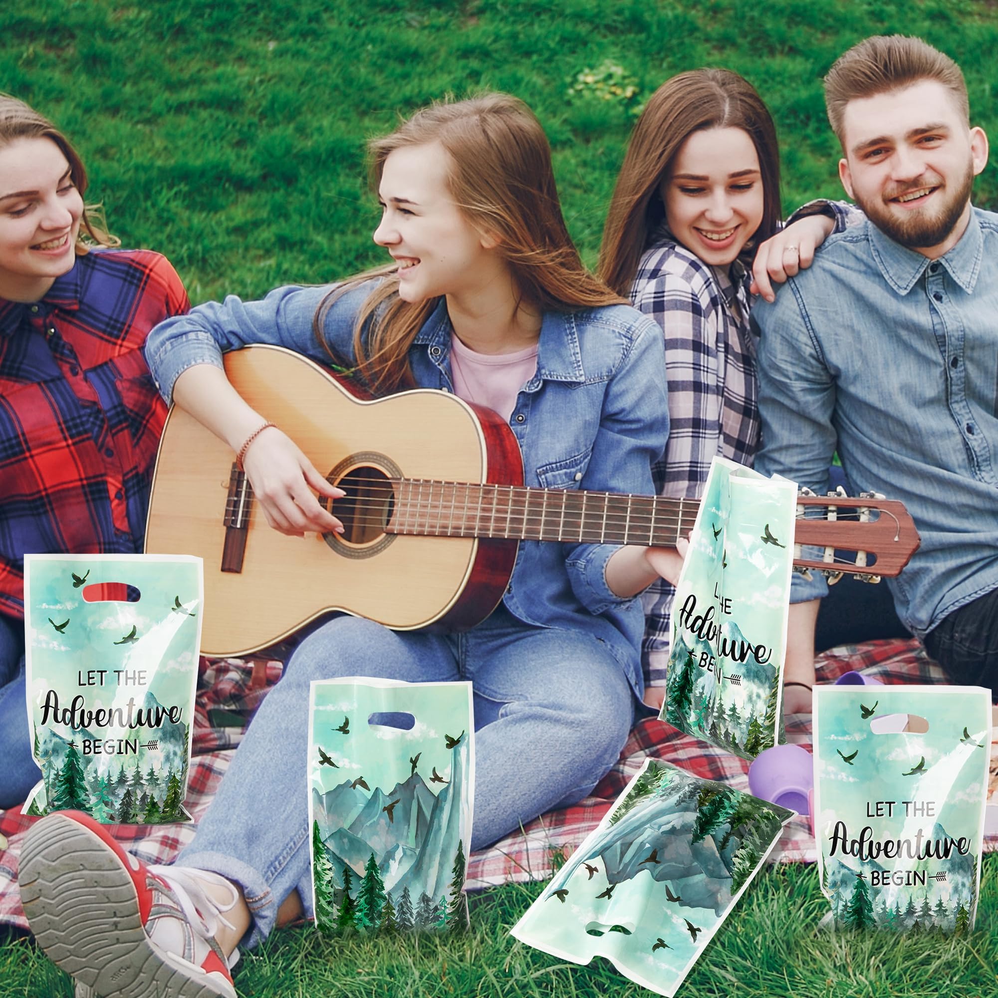 ANGOLIO 50Pcs Let the Adventure Begin Party Favor Bags, Adventure Tour Plastic Loot Gifts Bags, Camping Goody Candy Treat Packaging with Handles for Kids Camping Tour Themed Birthday Party Supplies - Image 6