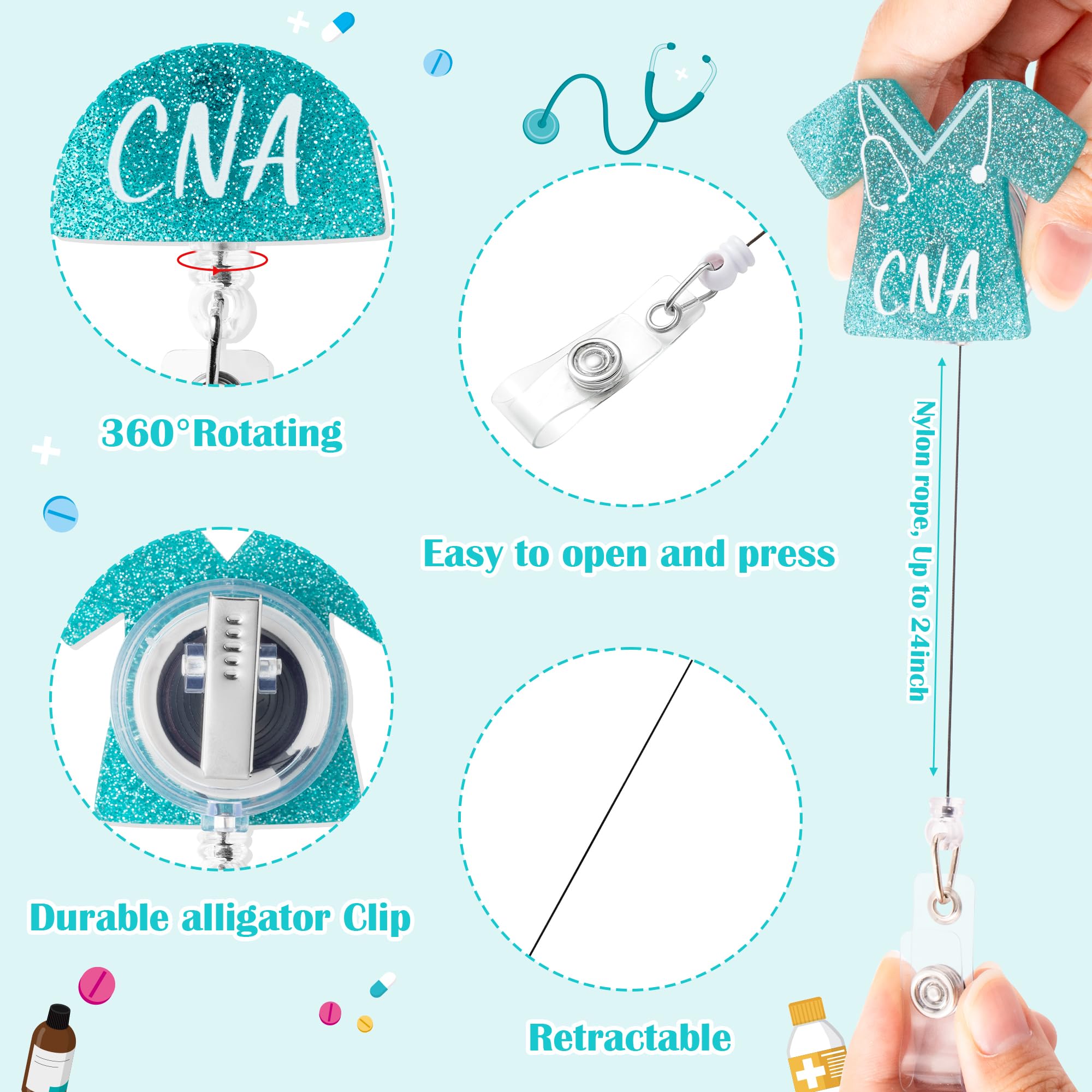 ANGOLIO 6Pcs CNA Badge Reel Retractable with Buddy, Nursing Assistant CNA ID Name Badge Holder Retractable, Glitter Nurse Stethoscope Pattern with Alligator Clip Nursing Gifts Work Accessories - Image 3