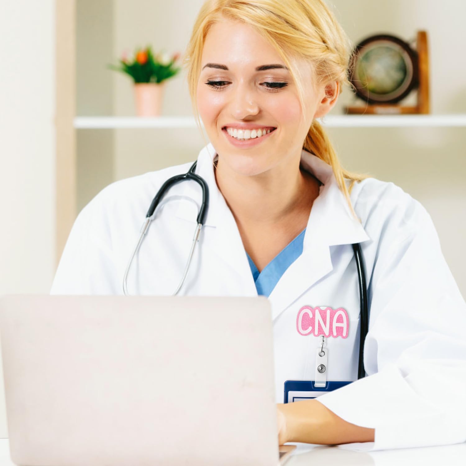 ANGOLIO 6Pcs CNA Badge Reel Retractable with Buddy, Nursing Assistant CNA ID Name Badge Holder Retractable, Glitter Nurse Stethoscope Pattern with Alligator Clip Nursing Gifts Work Accessories - Image 5