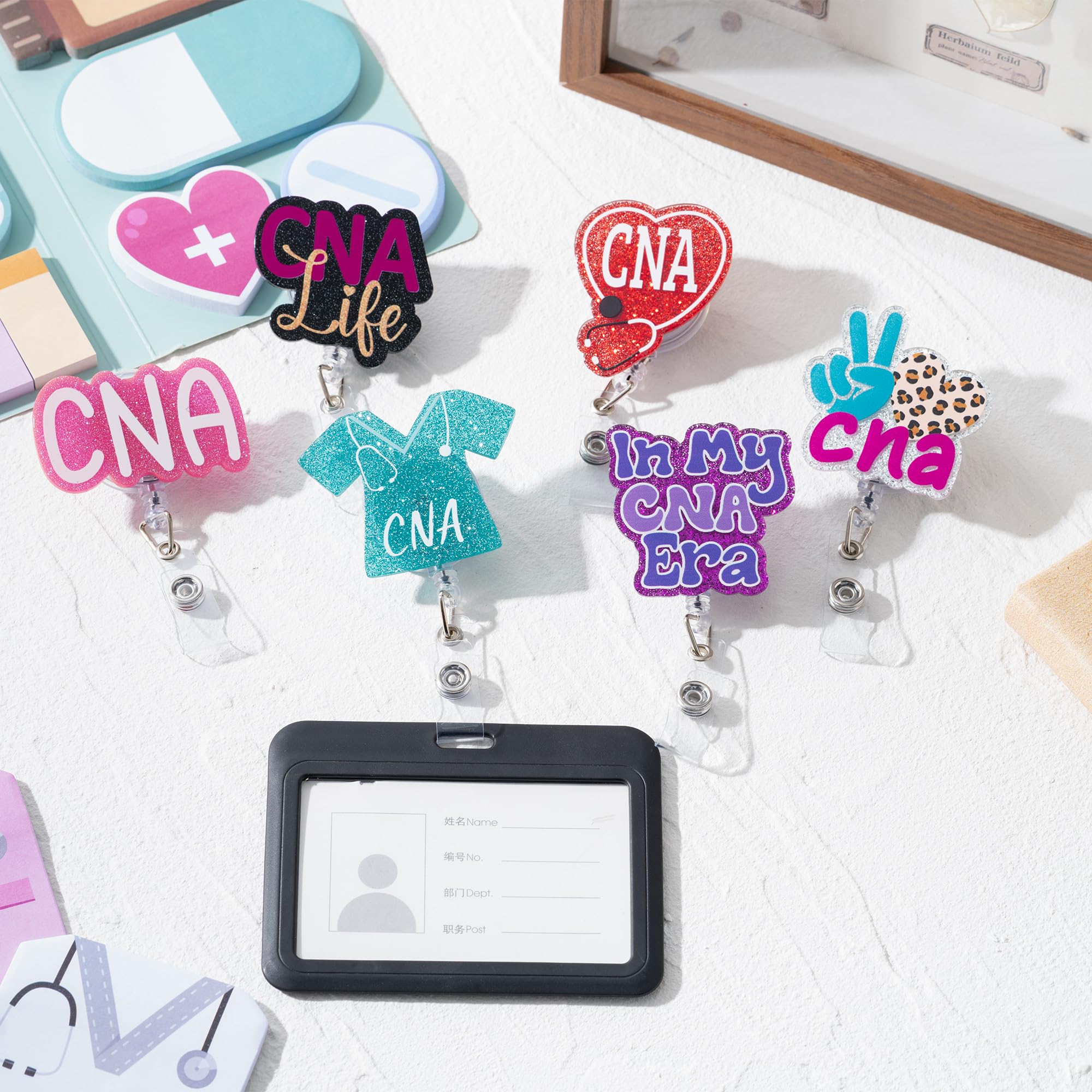 ANGOLIO 6Pcs CNA Badge Reel Retractable with Buddy, Nursing Assistant CNA ID Name Badge Holder Retractable, Glitter Nurse Stethoscope Pattern with Alligator Clip Nursing Gifts Work Accessories - Image 6