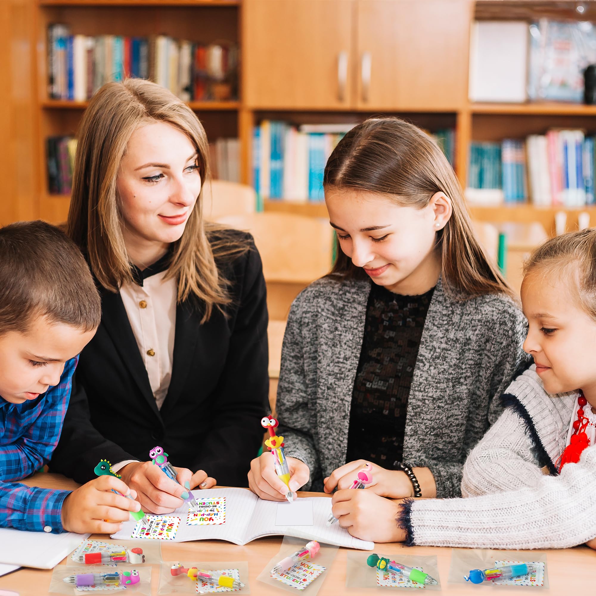 ANGOLIO 84Pcs End of Year Student Gift Includes Cute Cartoon 4 in 1 Multicolor Retractable Ballpoint Pen with Gift Cards for Kindergarten Party Gifts Summer Graduation School Classroom Reward Favor - Image 4