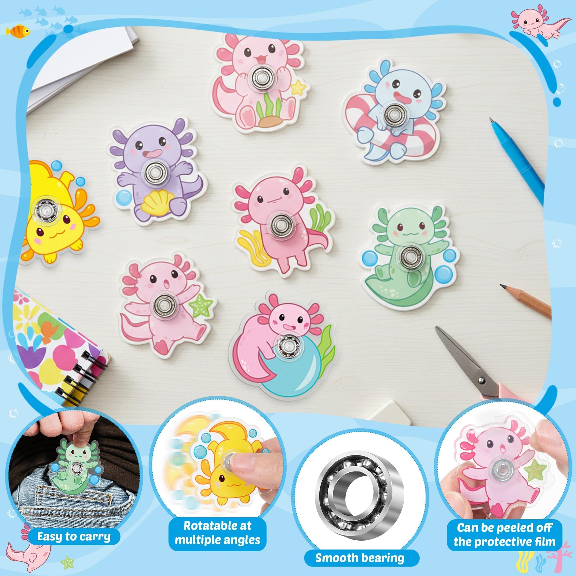 ANGOLIO Axolotl Party Favor Fidget Spinner - 24 Sets Animlas Mini Fidget Spinner with Cards Stress Relief Sensory Toys for Teens Adults ADHD Autism Classroom Prizes Goodie Bags Summer Birthday Gifts - Image 3