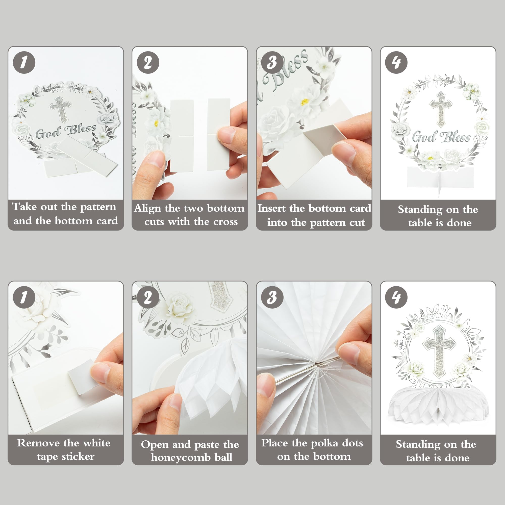 ANGOLIO Baptism Centerpieces Table Decorations - 12Pcs God Bless White Sliver Floral Honeycomb Centerpieces Table Decor Cross Religious Party Table Toppers for Bible Baby Shower Birthday Party Decor - Image 3