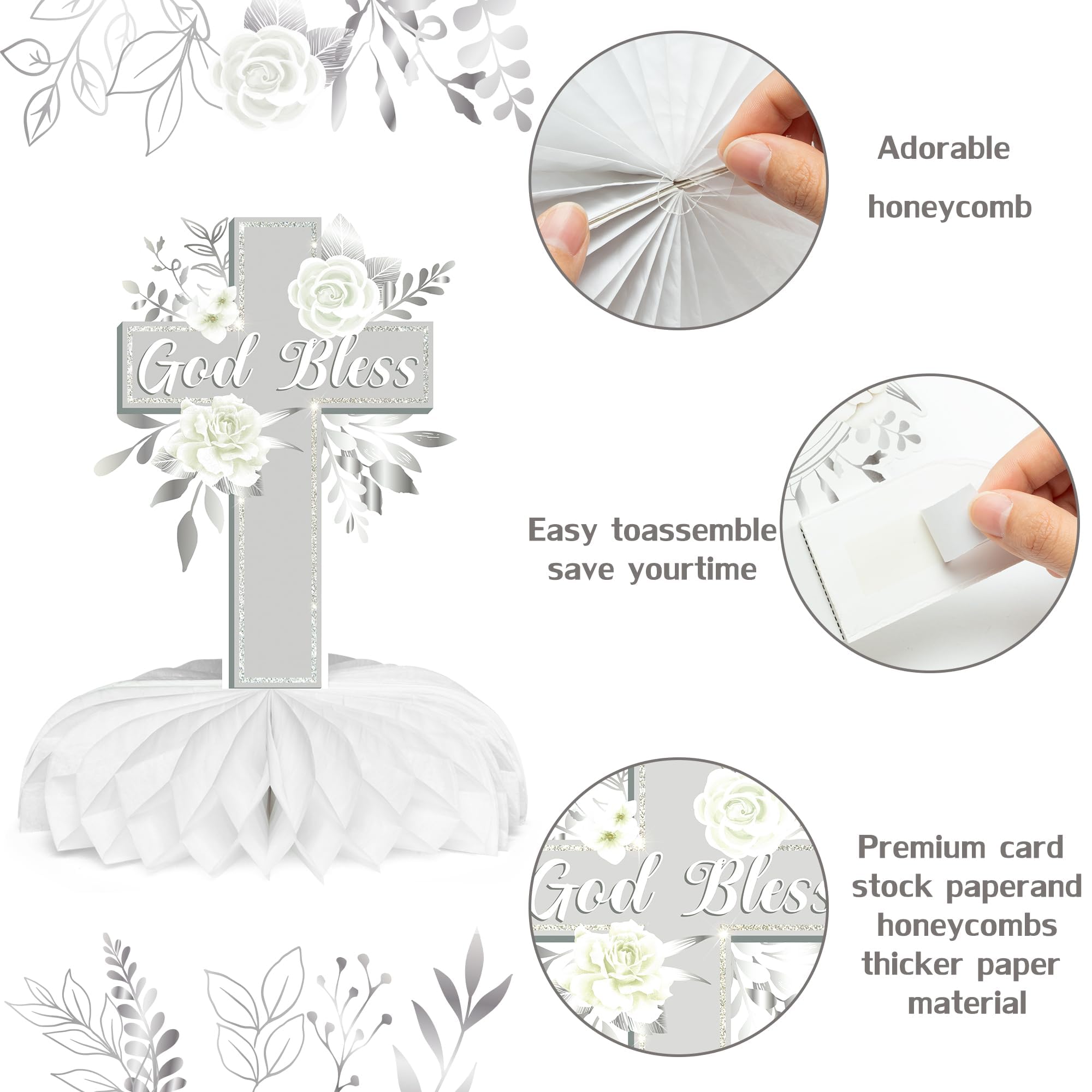 ANGOLIO Baptism Centerpieces Table Decorations - 12Pcs God Bless White Sliver Floral Honeycomb Centerpieces Table Decor Cross Religious Party Table Toppers for Bible Baby Shower Birthday Party Decor - Image 4