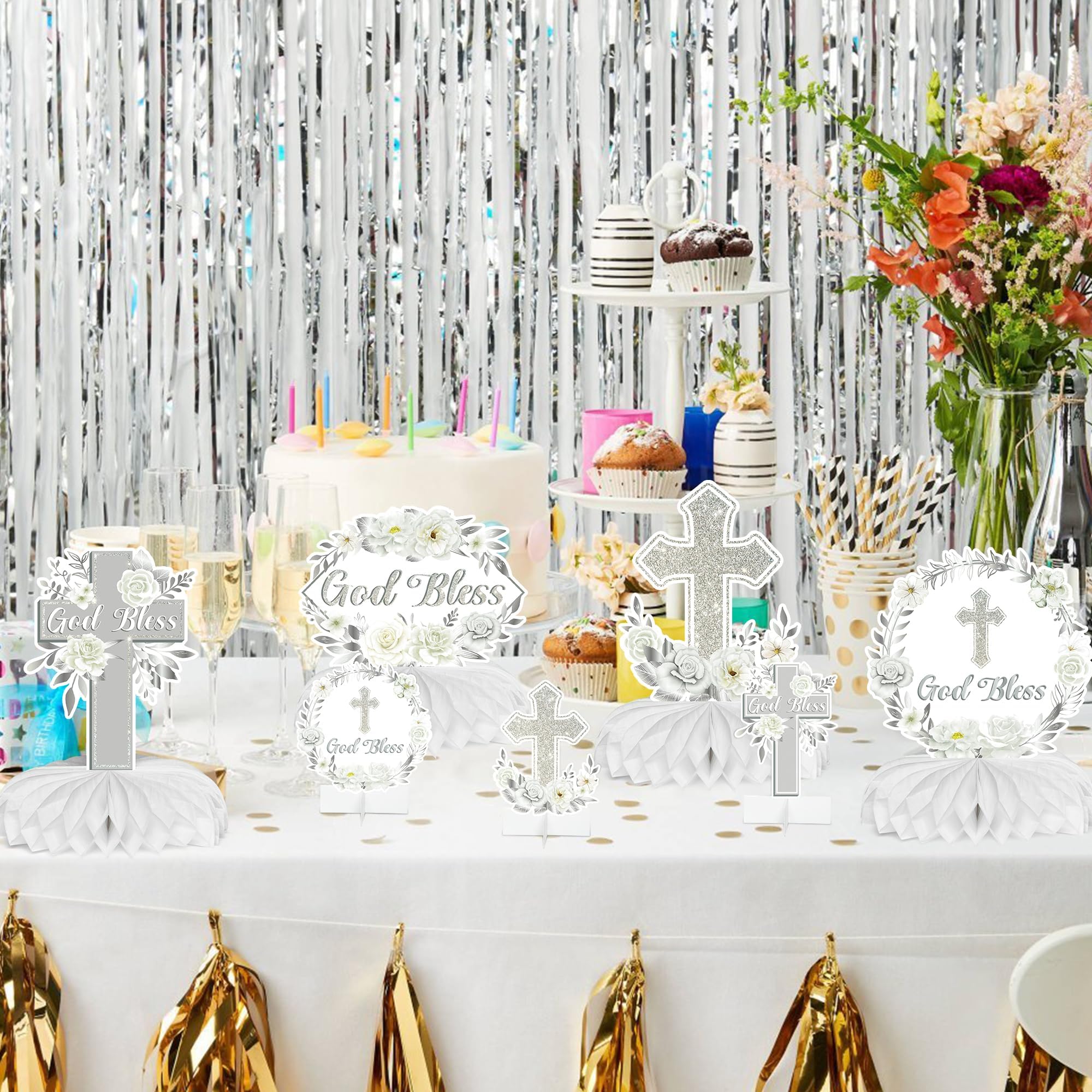 ANGOLIO Baptism Centerpieces Table Decorations - 12Pcs God Bless White Sliver Floral Honeycomb Centerpieces Table Decor Cross Religious Party Table Toppers for Bible Baby Shower Birthday Party Decor - Image 5