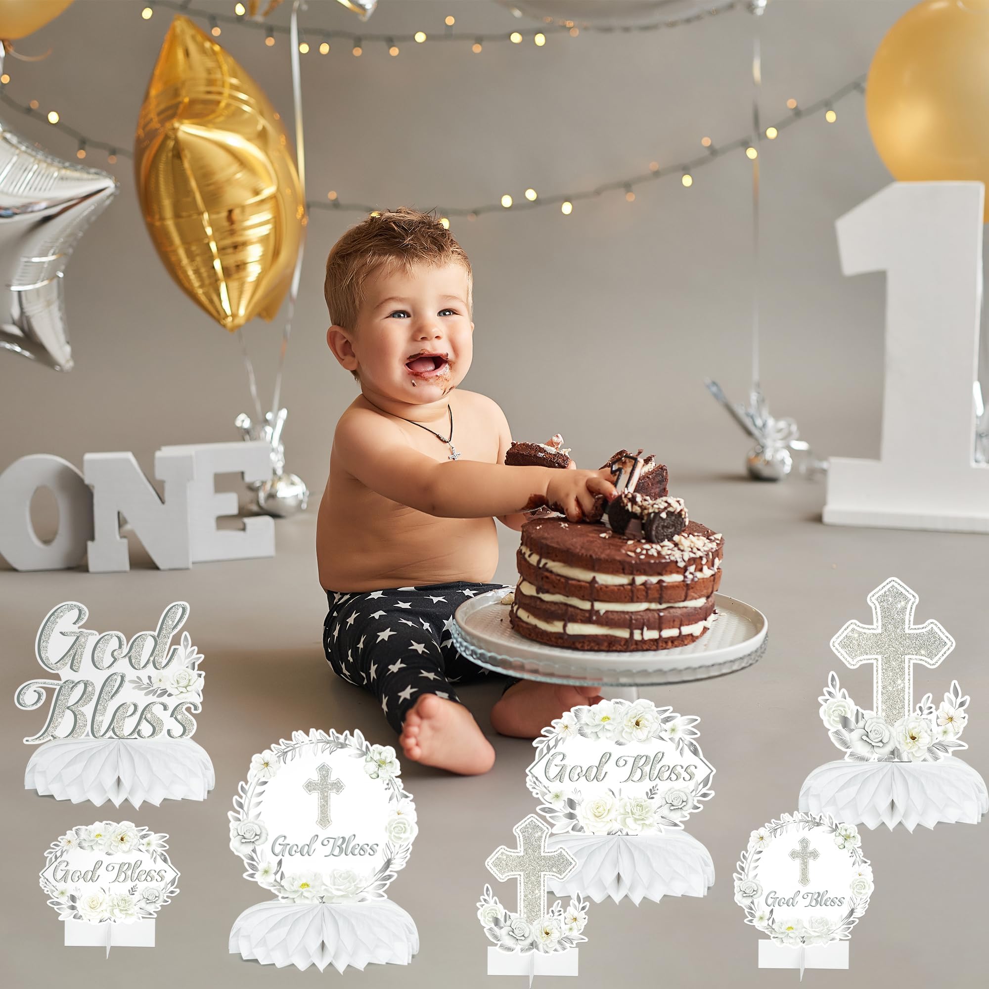 ANGOLIO Baptism Centerpieces Table Decorations - 12Pcs God Bless White Sliver Floral Honeycomb Centerpieces Table Decor Cross Religious Party Table Toppers for Bible Baby Shower Birthday Party Decor - Image 6