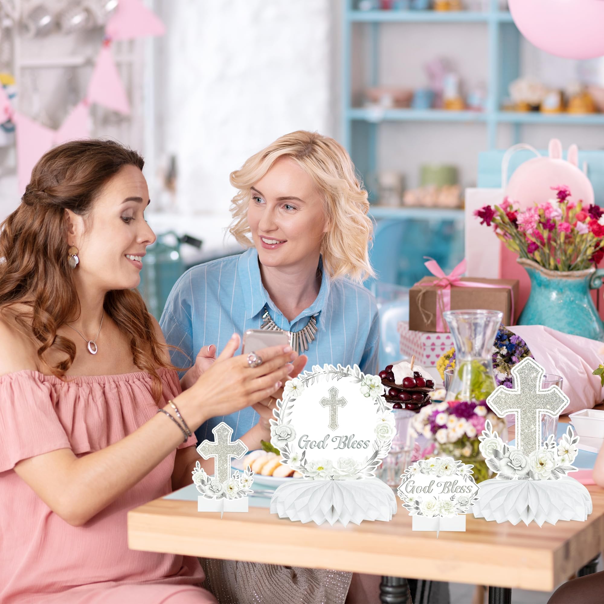 ANGOLIO Baptism Centerpieces Table Decorations - 12Pcs God Bless White Sliver Floral Honeycomb Centerpieces Table Decor Cross Religious Party Table Toppers for Bible Baby Shower Birthday Party Decor - Image 7