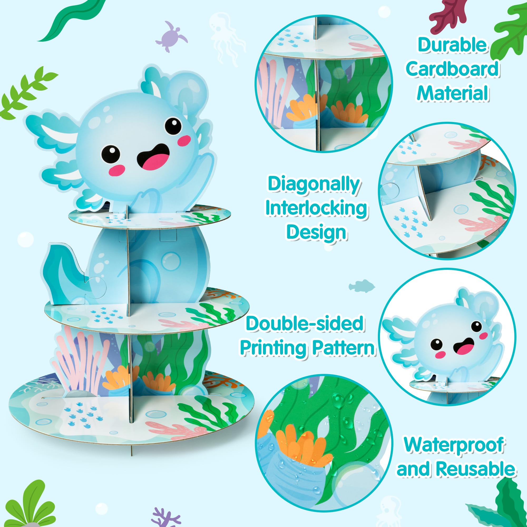 ANGOLIO Blue Axolotl Cupcake Stand - 3 Tiers Blue Axolotl Cupcake Dessert Tower Dessert Holder Cardboard for Childs Birthday Decoration Baby Shower Gender Reveal Party Supplies - Image 3
