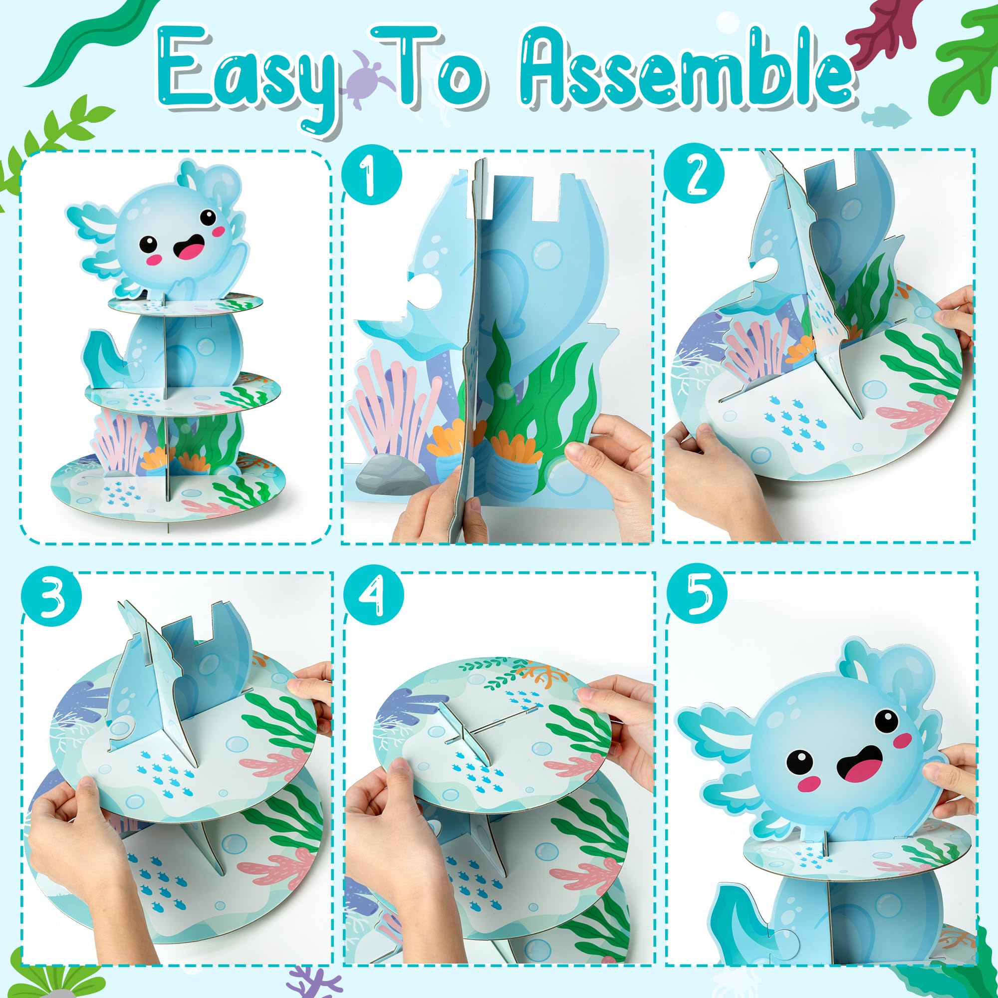ANGOLIO Blue Axolotl Cupcake Stand - 3 Tiers Blue Axolotl Cupcake Dessert Tower Dessert Holder Cardboard for Childs Birthday Decoration Baby Shower Gender Reveal Party Supplies - Image 4