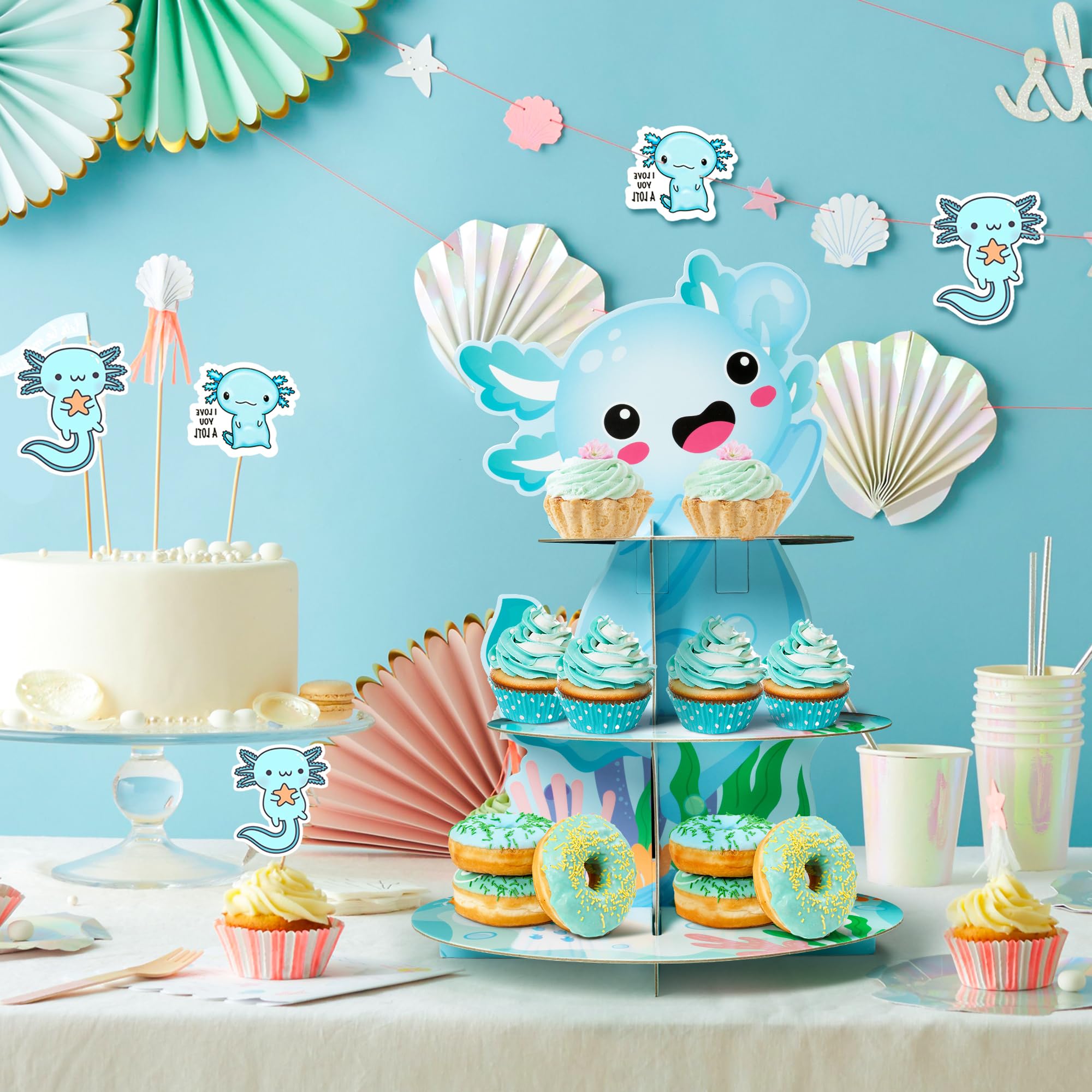 ANGOLIO Blue Axolotl Cupcake Stand - 3 Tiers Blue Axolotl Cupcake Dessert Tower Dessert Holder Cardboard for Childs Birthday Decoration Baby Shower Gender Reveal Party Supplies - Image 5