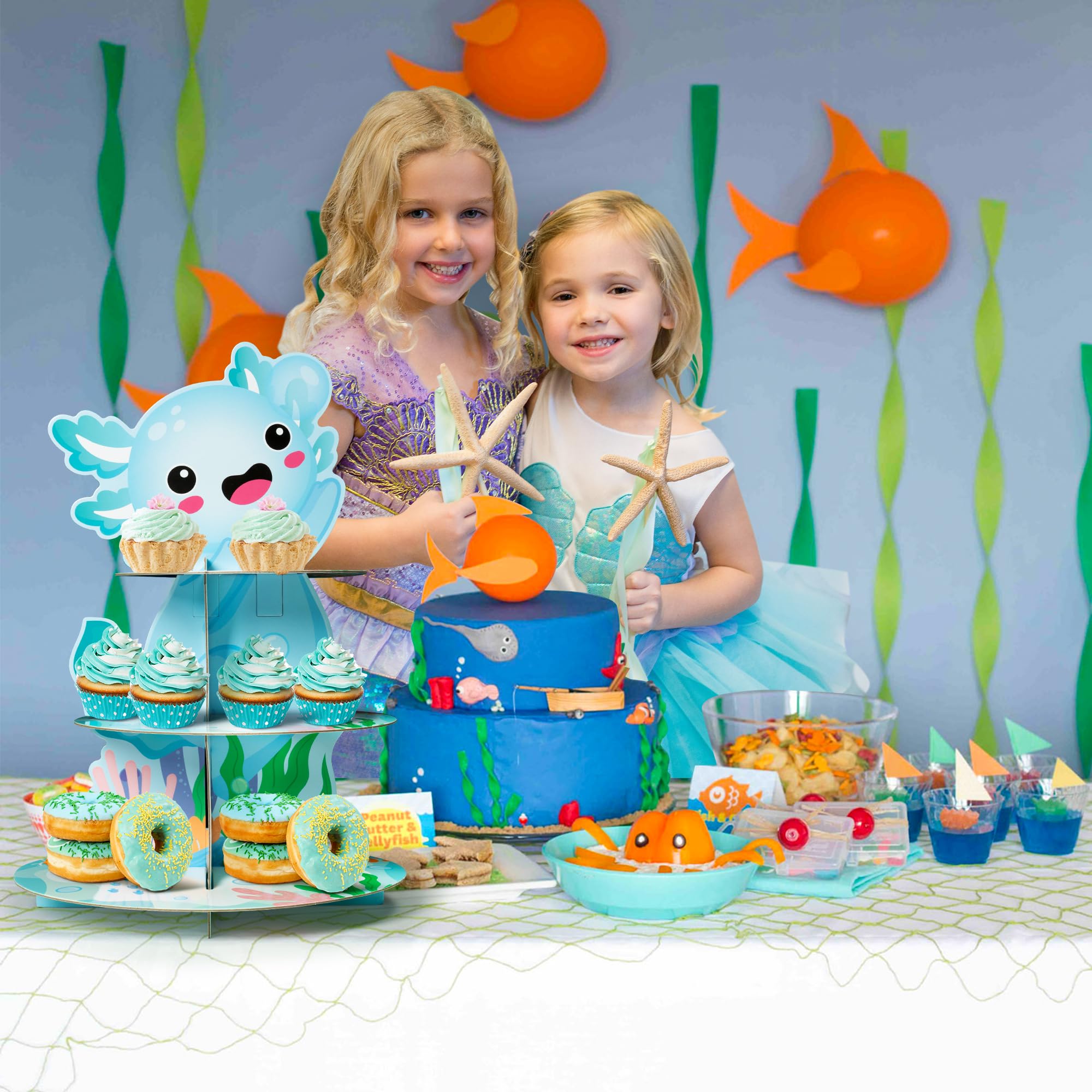 ANGOLIO Blue Axolotl Cupcake Stand - 3 Tiers Blue Axolotl Cupcake Dessert Tower Dessert Holder Cardboard for Childs Birthday Decoration Baby Shower Gender Reveal Party Supplies - Image 6