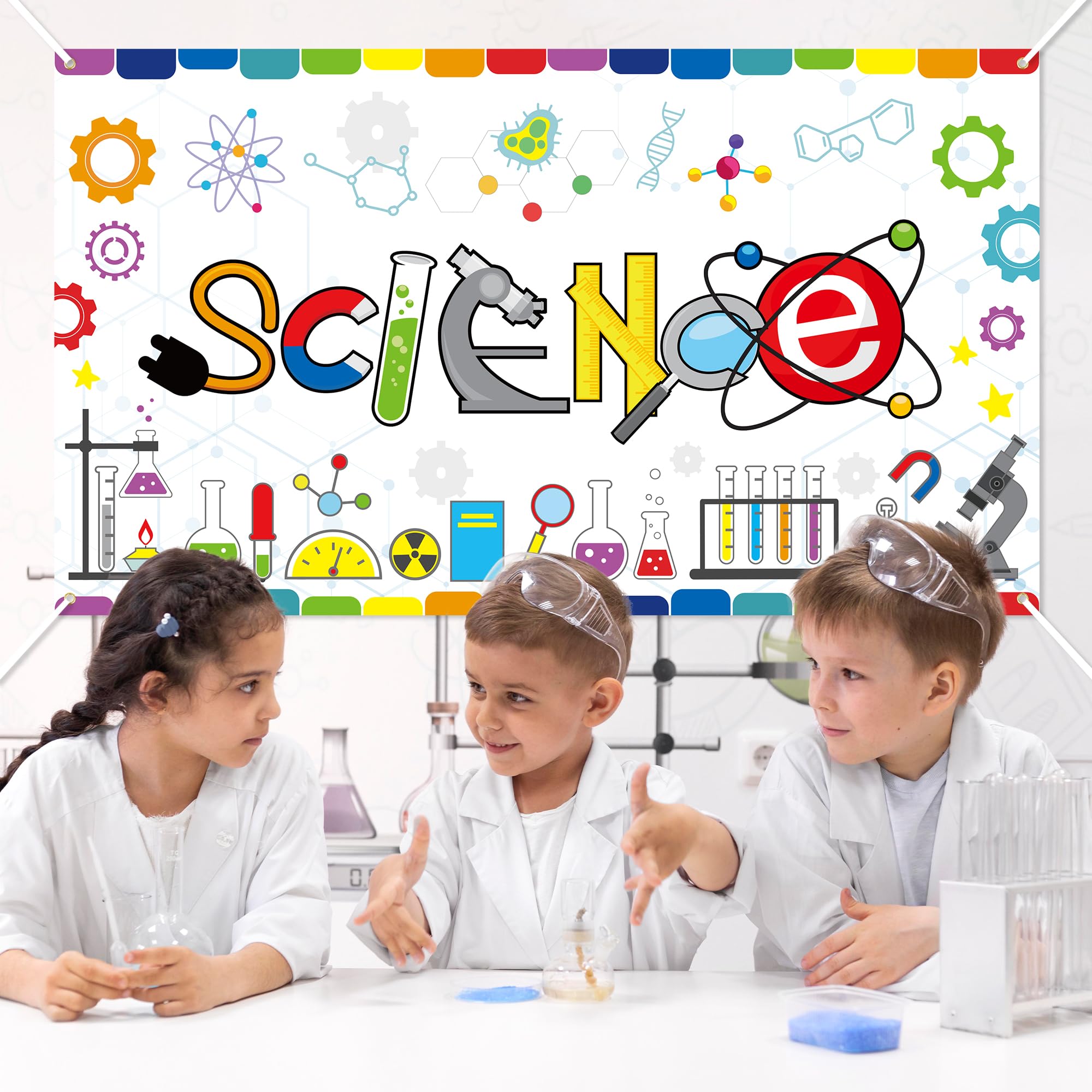 ANGOLIO Chemical Science Backdrop Banner Decorations - Extralarge Chemical Science Themed Background Chemistry Lab Background for Kids School Lab Scientist Supplies Birthday Party Classroom Backdrop - Image 4