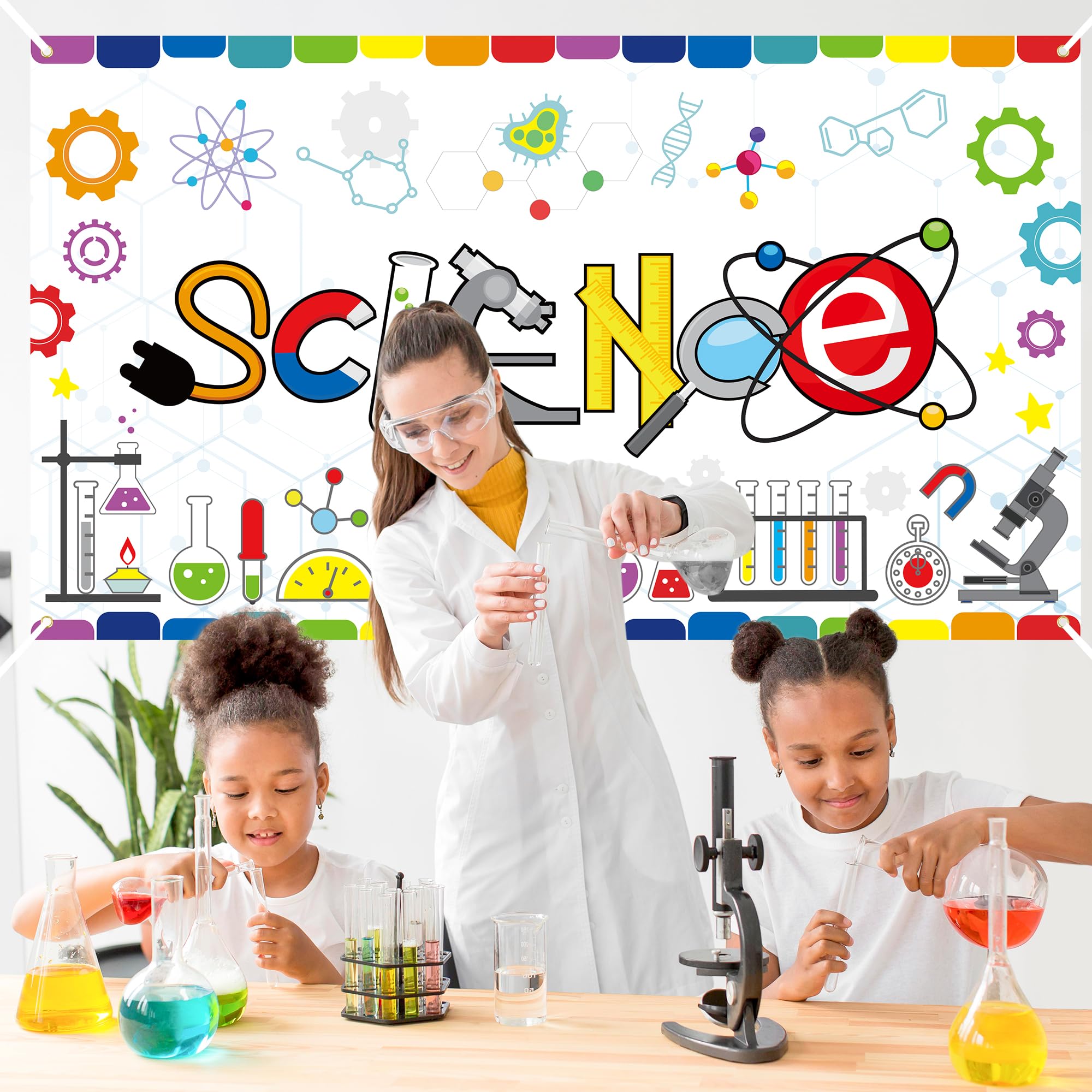 ANGOLIO Chemical Science Backdrop Banner Decorations - Extralarge Chemical Science Themed Background Chemistry Lab Background for Kids School Lab Scientist Supplies Birthday Party Classroom Backdrop - Image 5