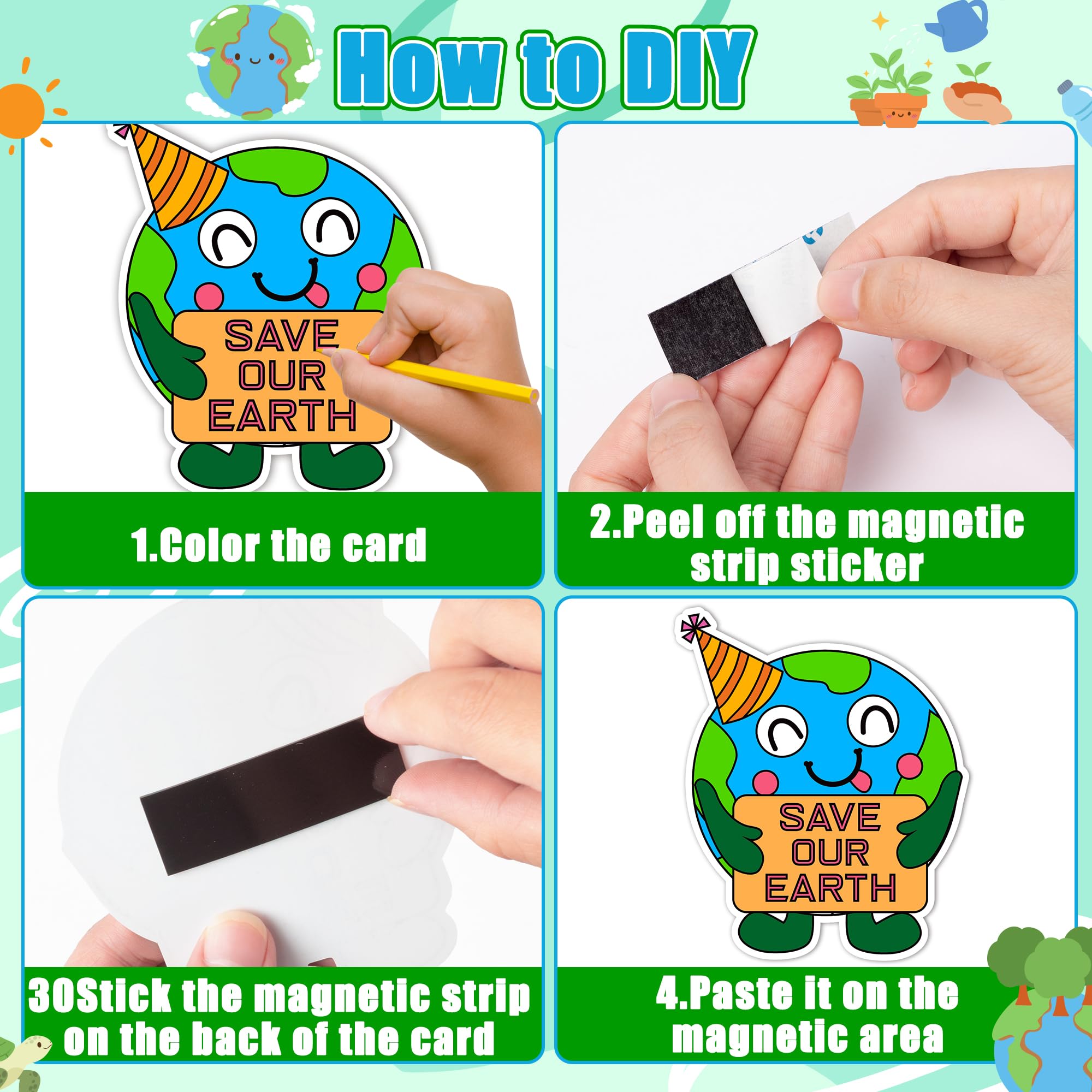 ANGOLIO Earth Day Coloring Arts Crafts Kits Fridge Magnets - 60P Happy Earth Day Gift Save Our Planet Color Your Own Refrigerator Magnets DIY Crafts for Kids Party Favors Home Classroom Activities - Image 3