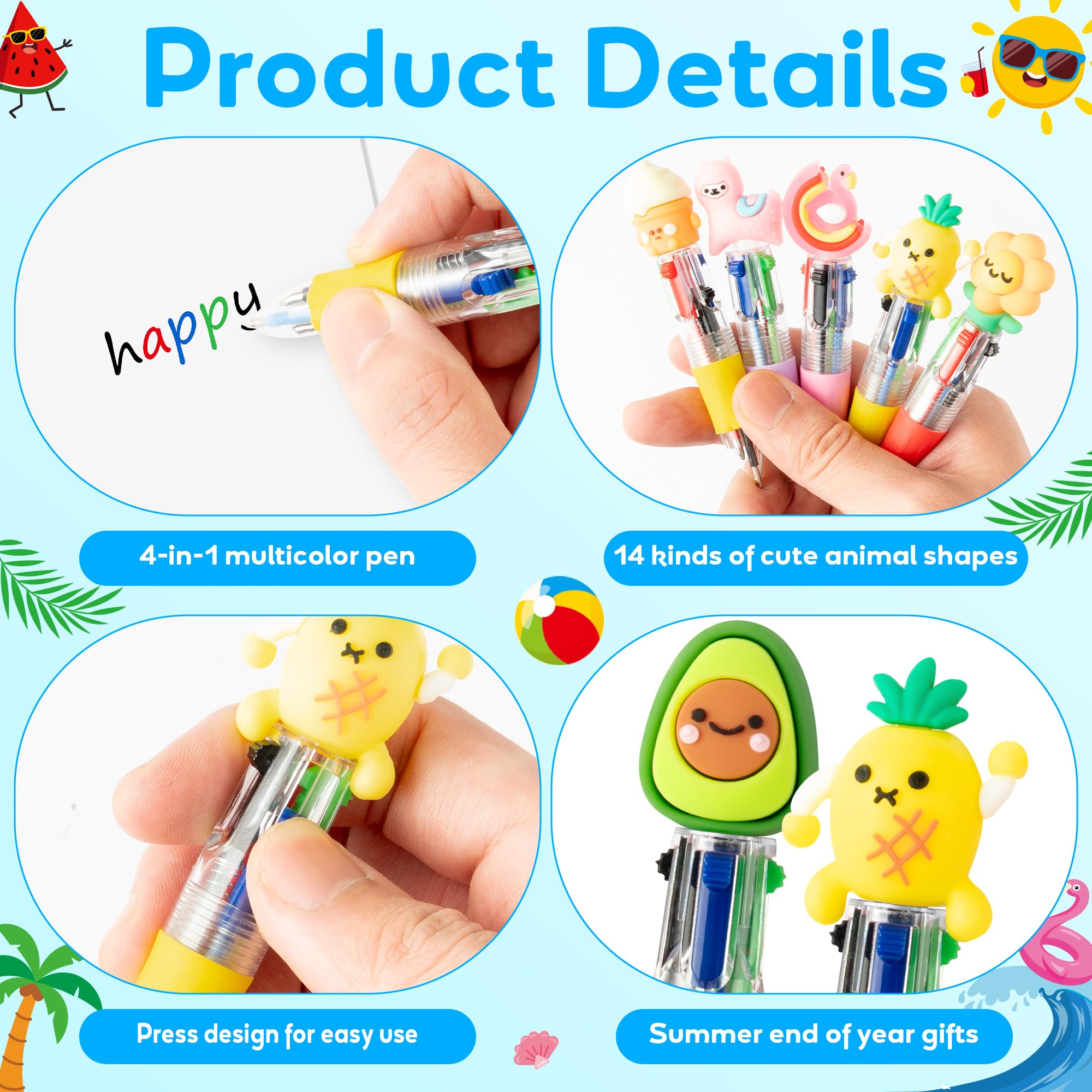 ANGOLIO End of Year Student Gifts Bulk 28 Sets Cute Summer 4 in 1 Multicolor Ballpoint Pens with Gift Cards for Summer Graduation Birthday Party Favors School Classroom Supplies Kids Students Rewards - Image 3