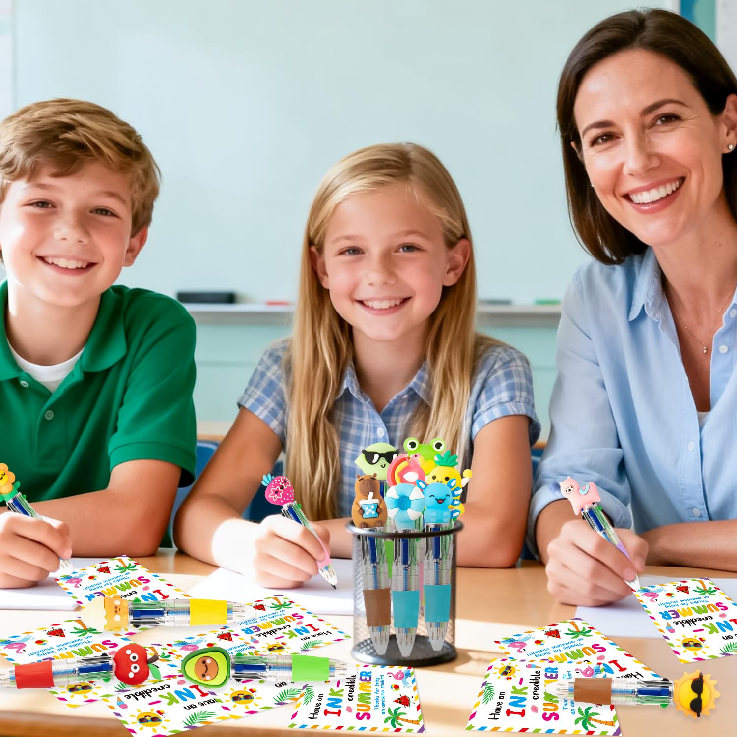 ANGOLIO End of Year Student Gifts Bulk 28 Sets Cute Summer 4 in 1 Multicolor Ballpoint Pens with Gift Cards for Summer Graduation Birthday Party Favors School Classroom Supplies Kids Students Rewards - Image 4