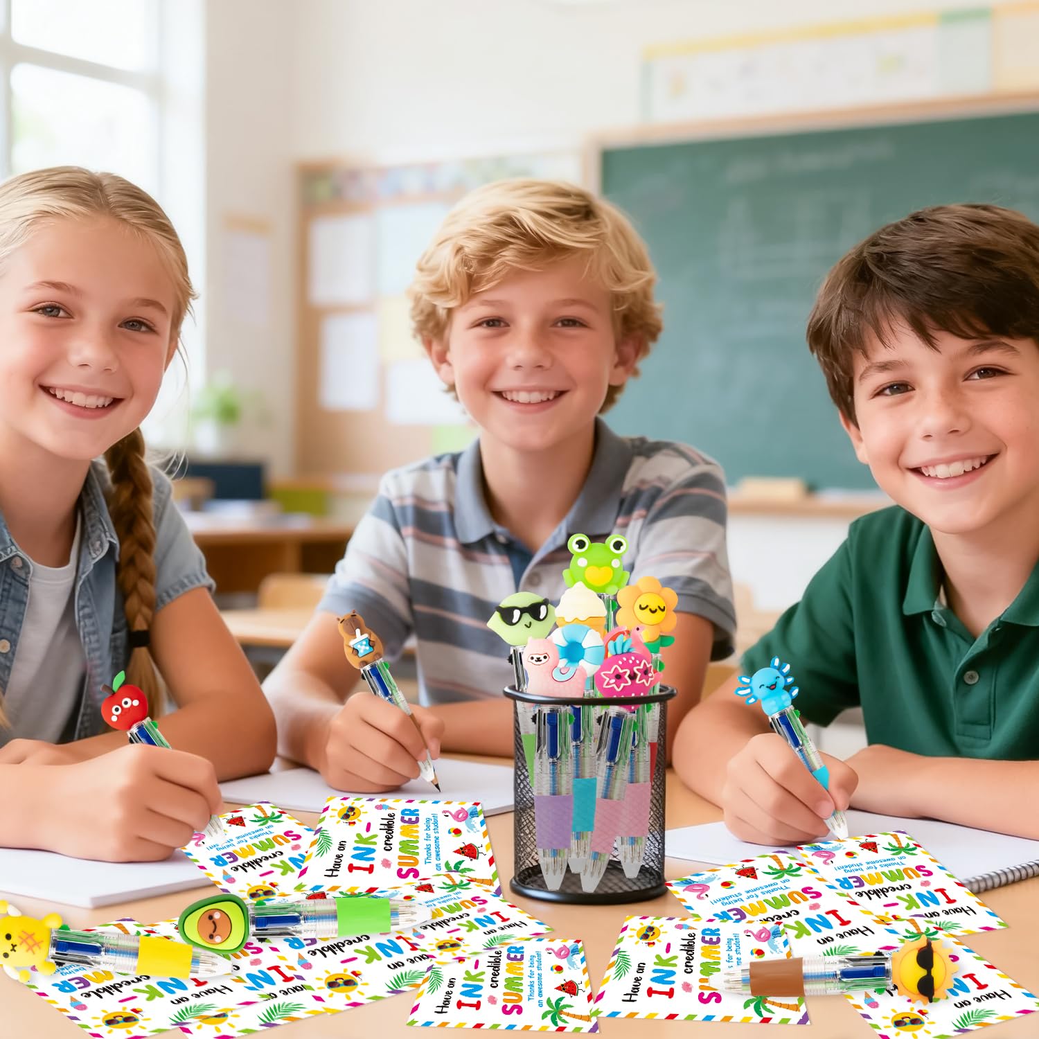 ANGOLIO End of Year Student Gifts Bulk 28 Sets Cute Summer 4 in 1 Multicolor Ballpoint Pens with Gift Cards for Summer Graduation Birthday Party Favors School Classroom Supplies Kids Students Rewards - Image 5