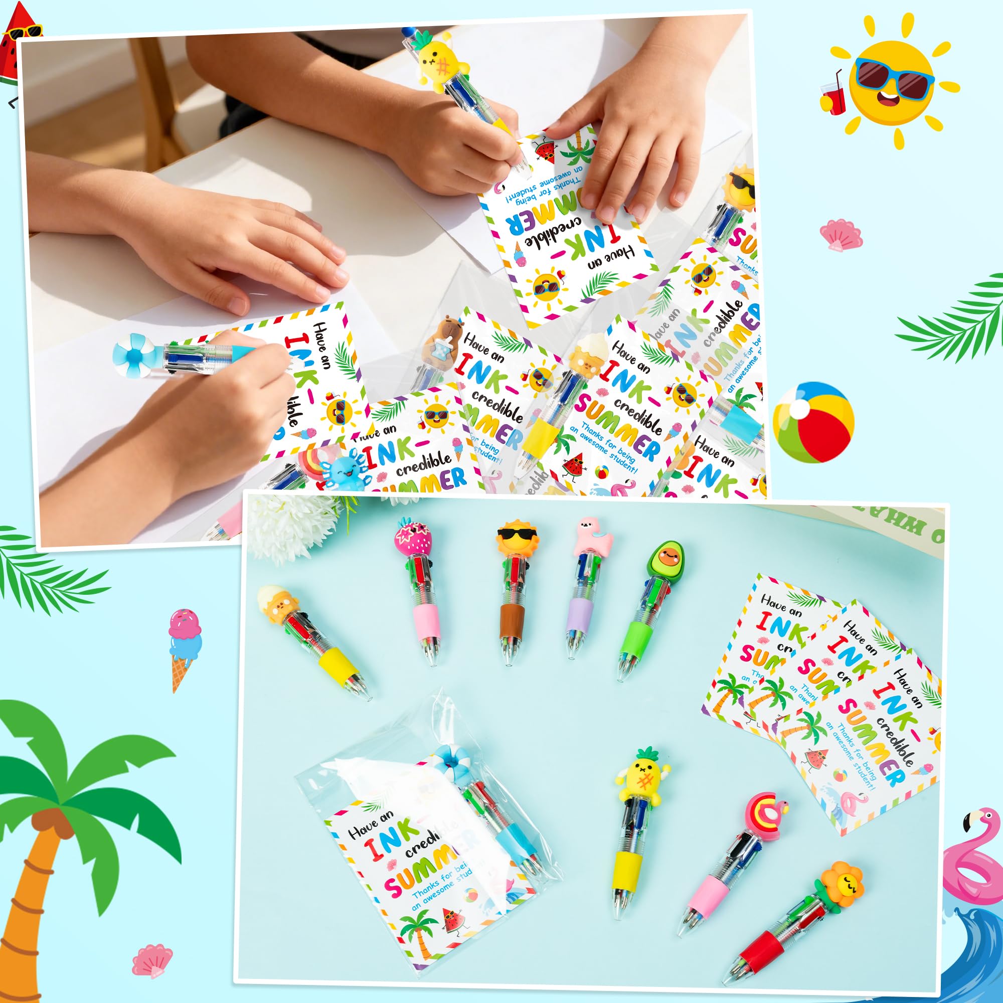 ANGOLIO End of Year Student Gifts Bulk 28 Sets Cute Summer 4 in 1 Multicolor Ballpoint Pens with Gift Cards for Summer Graduation Birthday Party Favors School Classroom Supplies Kids Students Rewards - Image 6