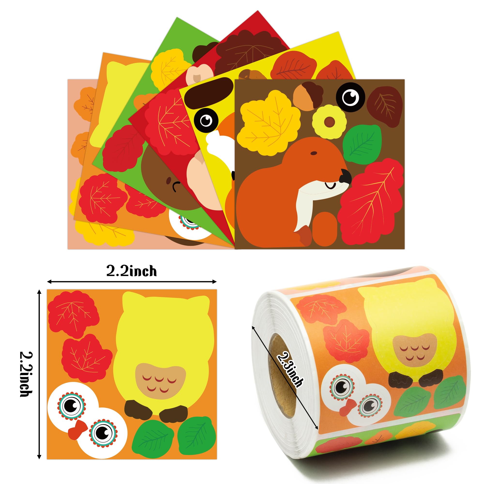 ANGOLIO Fall Animals Stickers Scene Roll - DIY Autumn Leaf Animal Decals for Kids Crafts, Cute Turkey Owl Deer Squirrel Hedgehog Fox Make a Face Stickers for Kids Thanksgiving Party Activity - Image 3