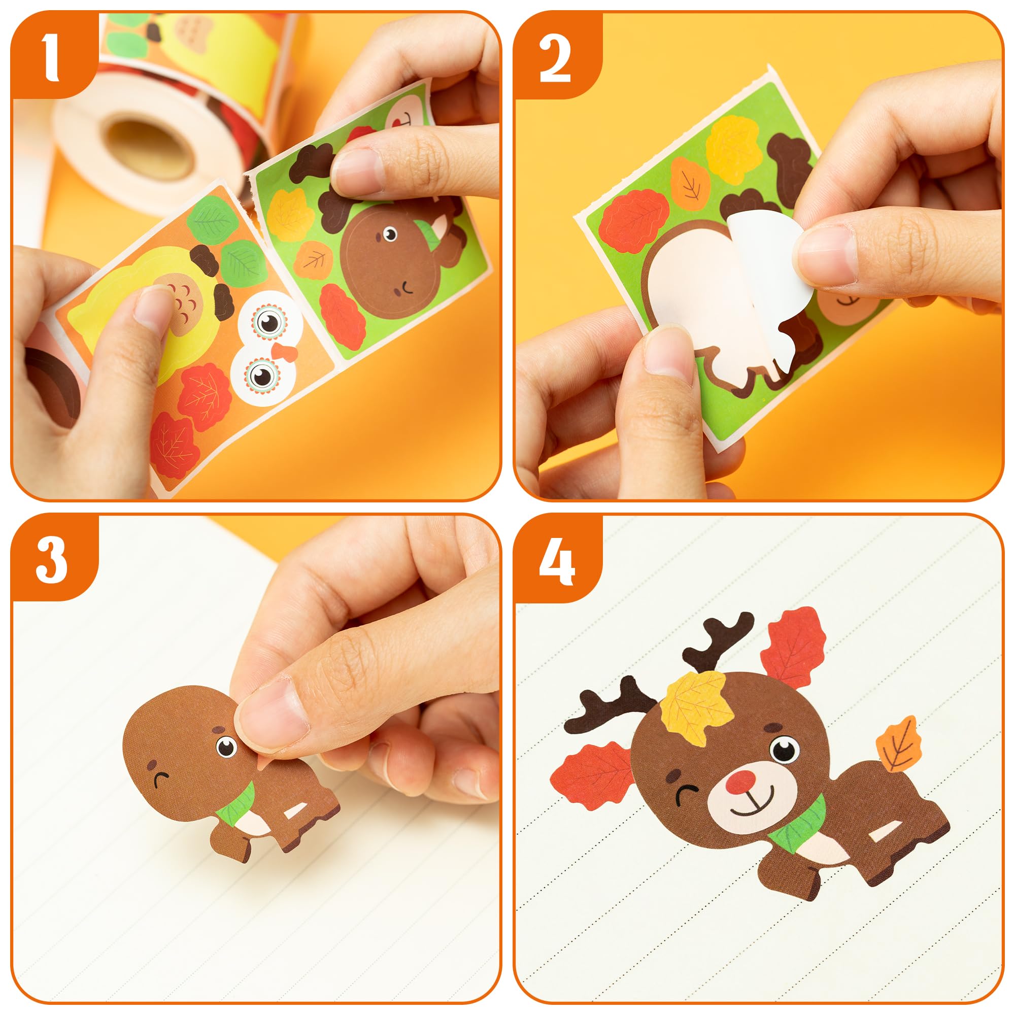 ANGOLIO Fall Animals Stickers Scene Roll - DIY Autumn Leaf Animal Decals for Kids Crafts, Cute Turkey Owl Deer Squirrel Hedgehog Fox Make a Face Stickers for Kids Thanksgiving Party Activity - Image 4