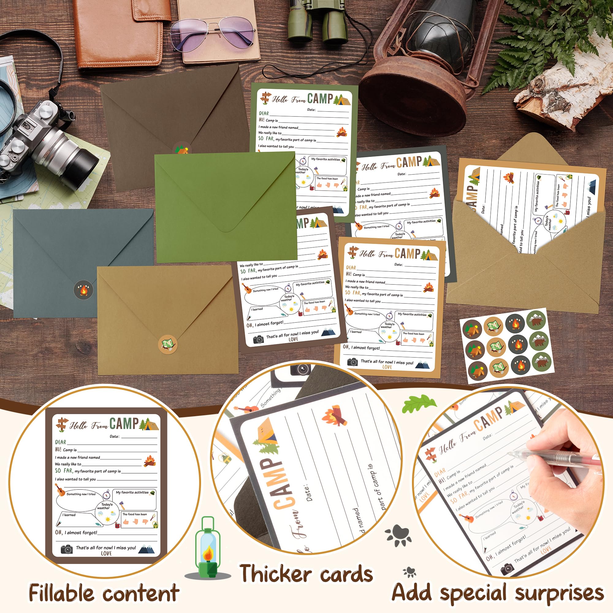 ANGOLIO Funny Camp Greeting Cards - 25Pcs Summer Camp Adventure Flat Notecards with Envelopes Stickers for Campers Boys Girls Travel Camping Trip School Family Hiking Beach Party Outdoor Activities - Image 4