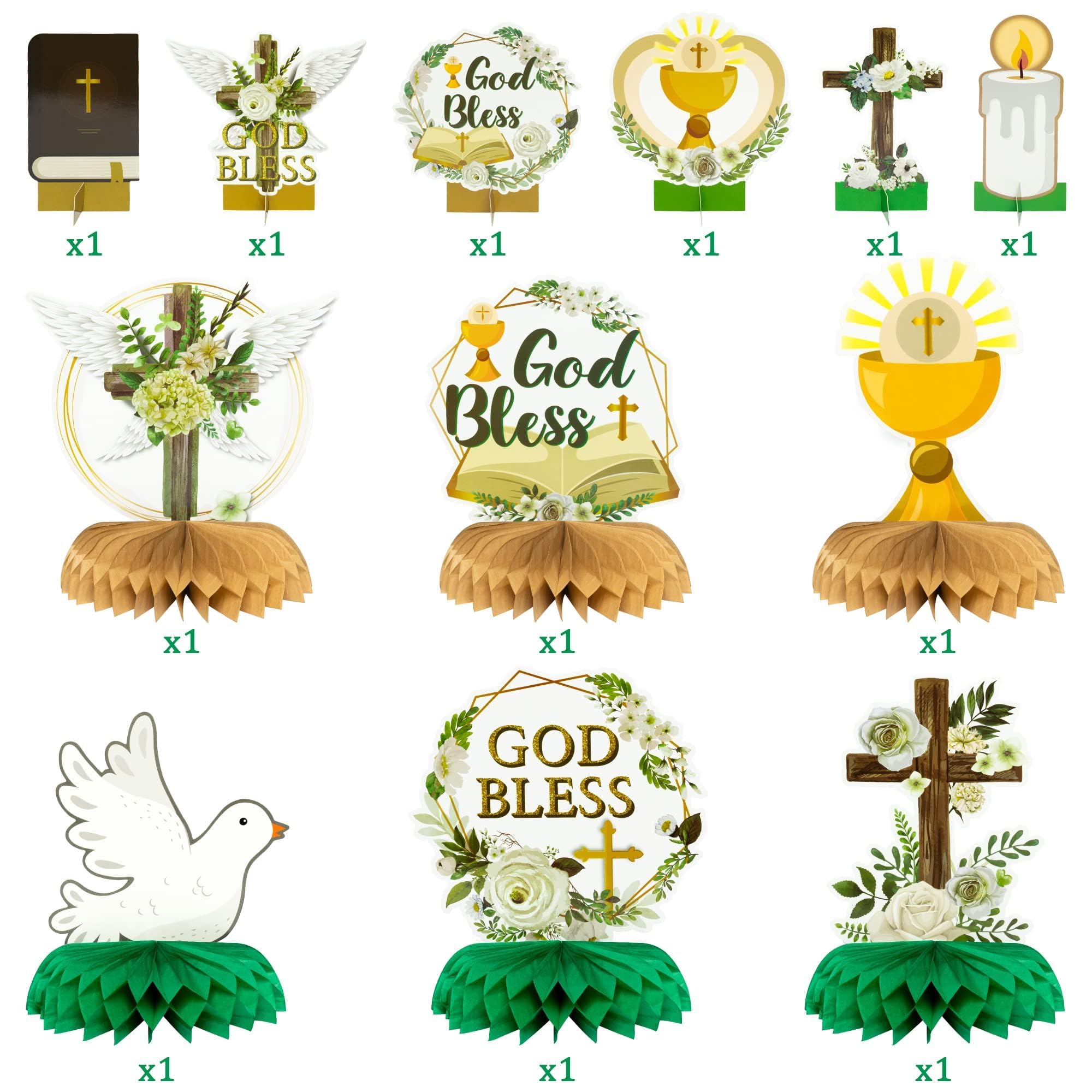 ANGOLIO God Bless Honeycomb Centerpieces, 12PCS Cross Floral Baptism Table Centerpiece Decorations for Christian Celebrations Baby Shower Birthday Religious Wedding Church Anniversary Party Supplies - Image 3