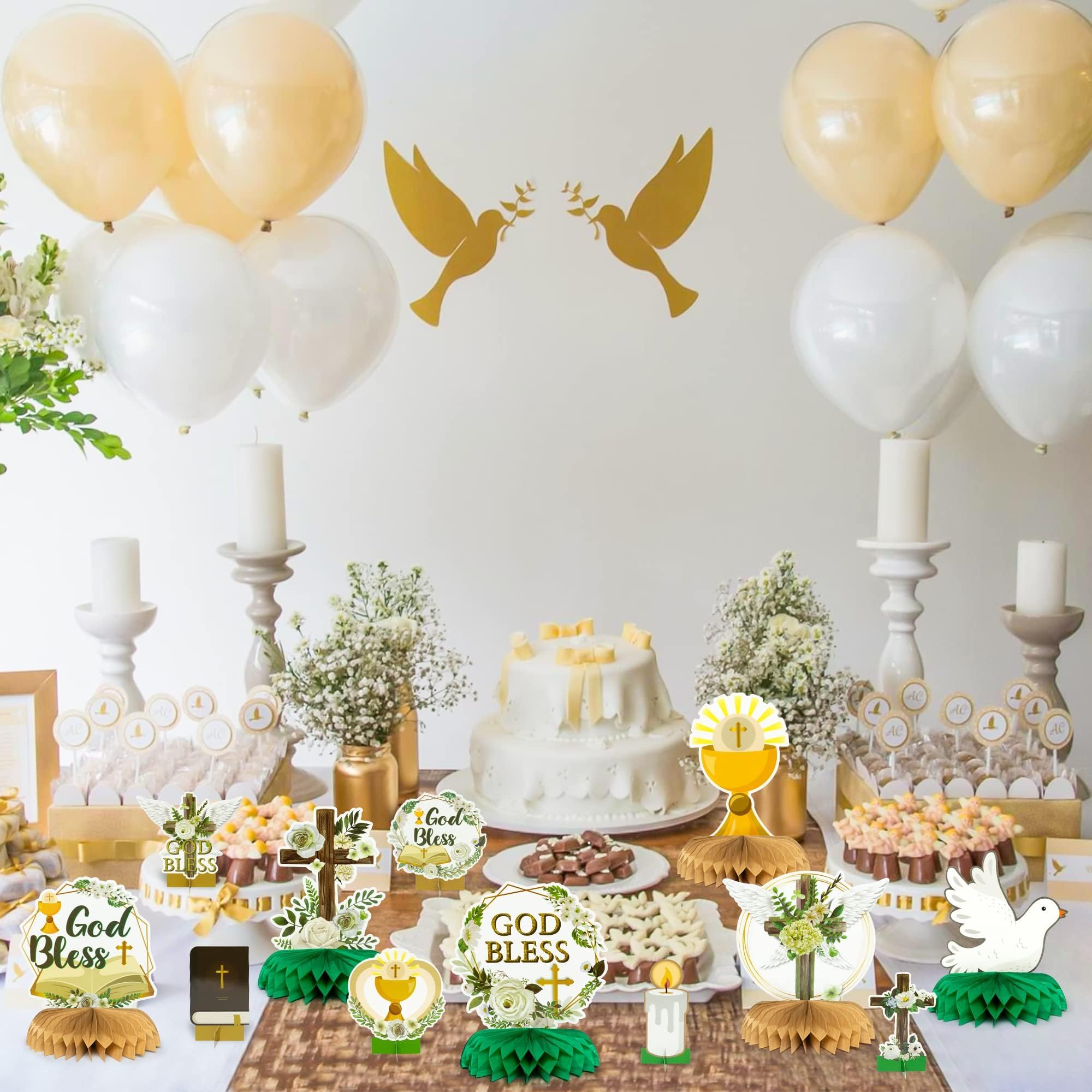 ANGOLIO God Bless Honeycomb Centerpieces, 12PCS Cross Floral Baptism Table Centerpiece Decorations for Christian Celebrations Baby Shower Birthday Religious Wedding Church Anniversary Party Supplies - Image 5
