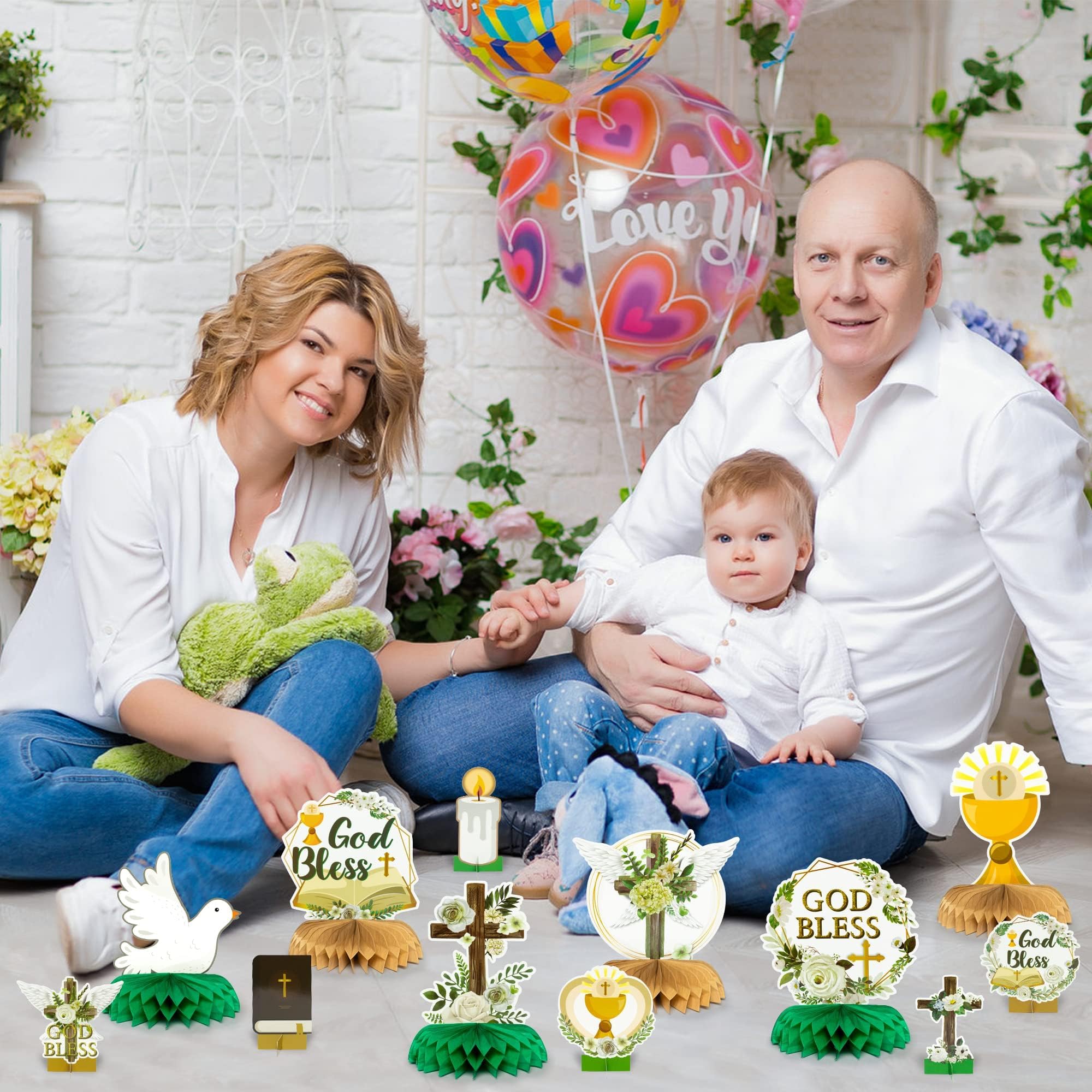 ANGOLIO God Bless Honeycomb Centerpieces, 12PCS Cross Floral Baptism Table Centerpiece Decorations for Christian Celebrations Baby Shower Birthday Religious Wedding Church Anniversary Party Supplies - Image 6