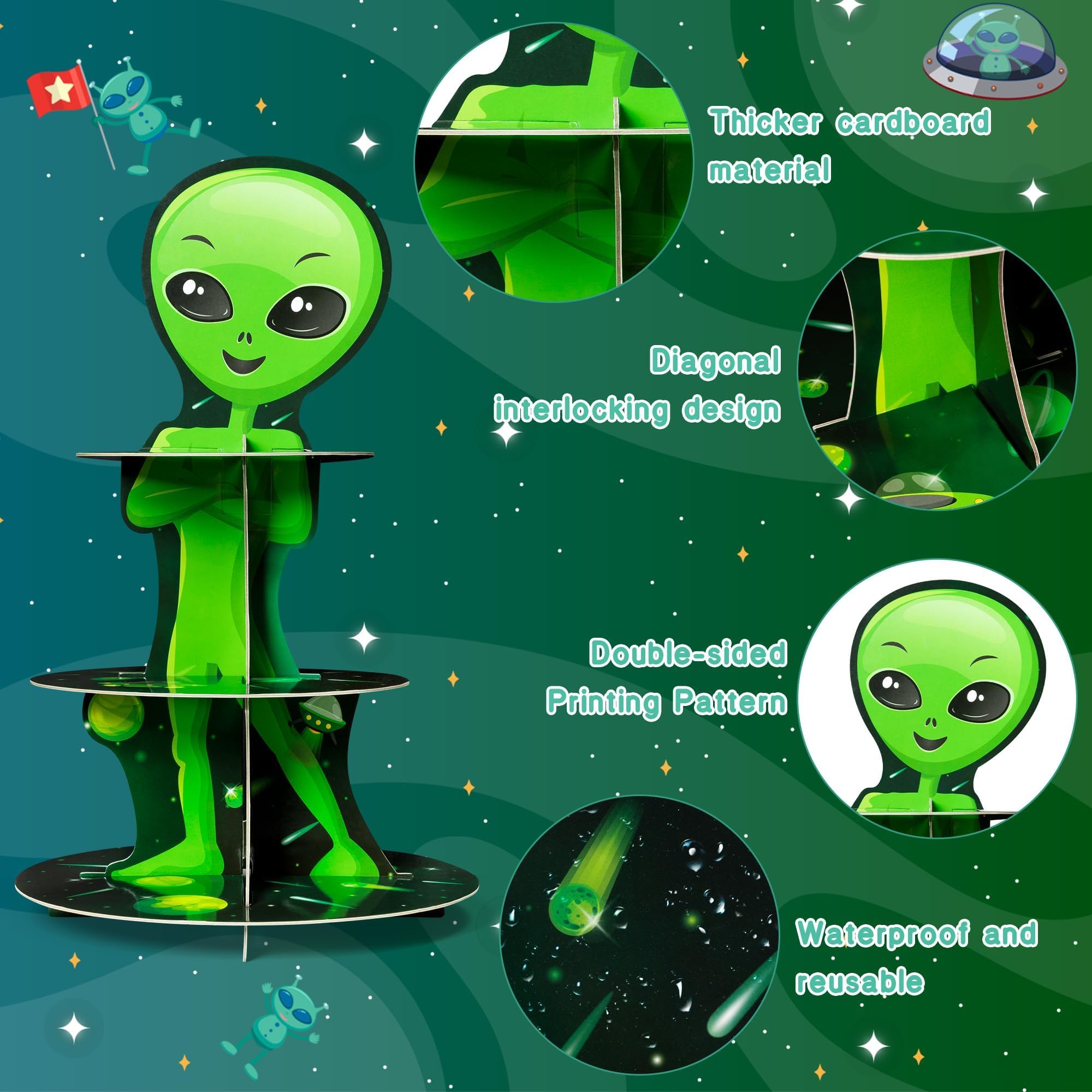 ANGOLIO Green Space Alien Cupcake Stand 3 Tiers Outer Space Birthday Party Decorations Cardboard Cupcake Holder Galaxy Party Dessert Tower Party Accessories Supplies for Kids Alien Themed Baby Shower - Image 3