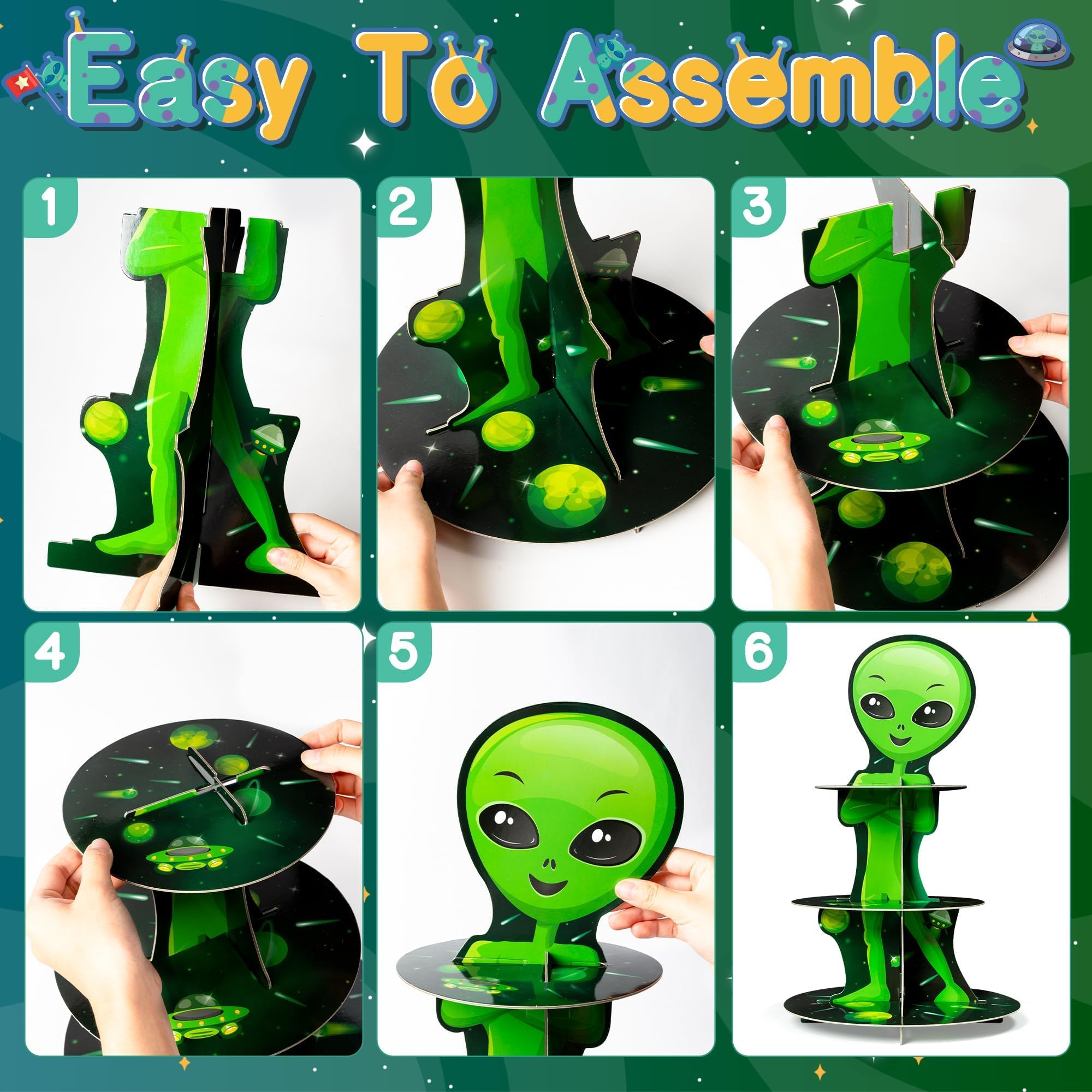 ANGOLIO Green Space Alien Cupcake Stand 3 Tiers Outer Space Birthday Party Decorations Cardboard Cupcake Holder Galaxy Party Dessert Tower Party Accessories Supplies for Kids Alien Themed Baby Shower - Image 4