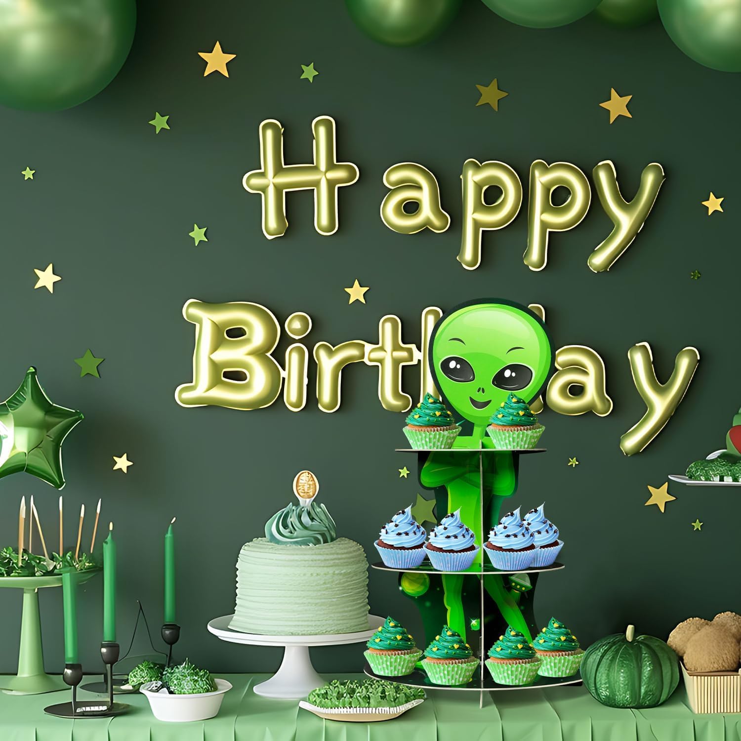 ANGOLIO Green Space Alien Cupcake Stand 3 Tiers Outer Space Birthday Party Decorations Cardboard Cupcake Holder Galaxy Party Dessert Tower Party Accessories Supplies for Kids Alien Themed Baby Shower - Image 5