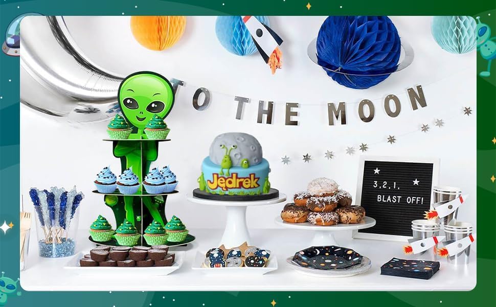 ANGOLIO Green Space Alien Cupcake Stand 3 Tiers Outer Space Birthday Party Decorations Cardboard Cupcake Holder Galaxy Party Dessert Tower Party Accessories Supplies for Kids Alien Themed Baby Shower - Image 6