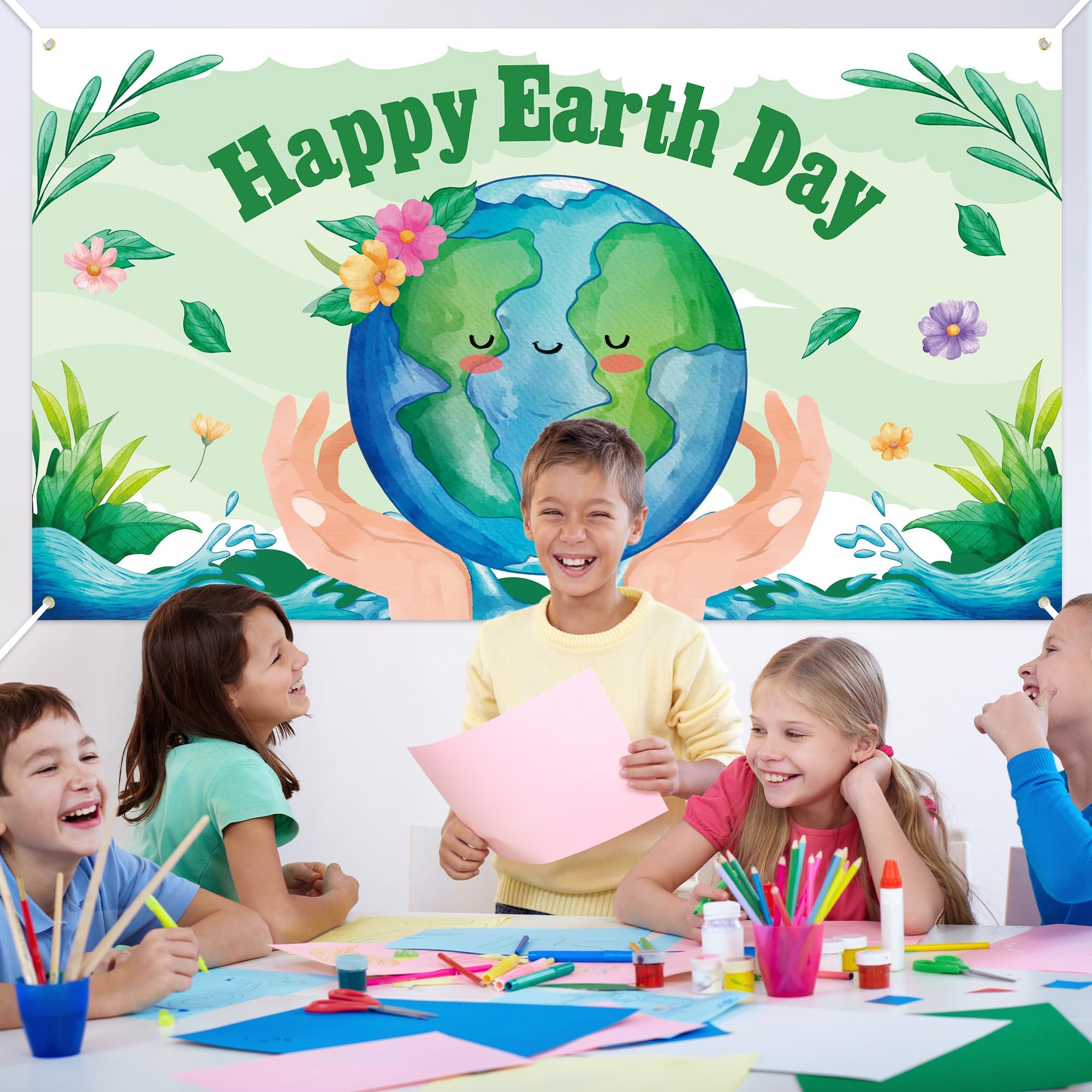 ANGOLIO Happy Earth Day Backdrop - XtraLarge Banner Decor Environmental Protection Party Decor for April 22 Travel Outdoor and Indoor Photography Decor, Polyester, 79X45 Inch - Image 4