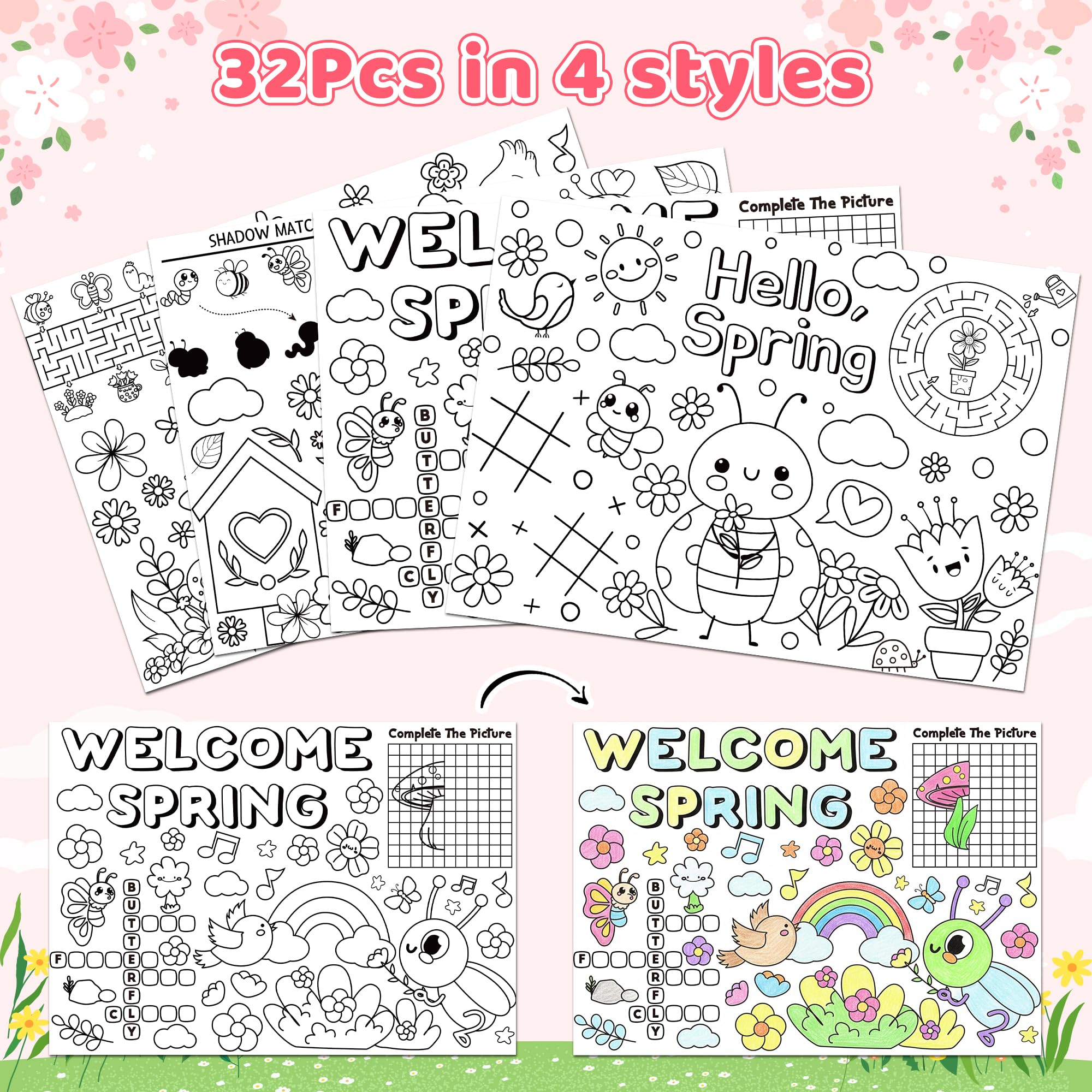 ANGOLIO Hello Spring Coloring Page - 32PCS Welcome Spring Scene Activity Game Coloring Sheets for Kids, Bee Butterfy Flower DIY Crafts Poster for Home School Classroom Gifts Easter Holiday Party Favor - Image 3
