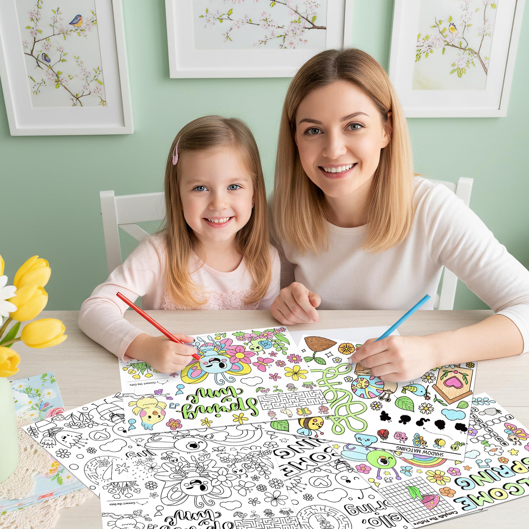 ANGOLIO Hello Spring Coloring Page - 32PCS Welcome Spring Scene Activity Game Coloring Sheets for Kids, Bee Butterfy Flower DIY Crafts Poster for Home School Classroom Gifts Easter Holiday Party Favor - Image 5