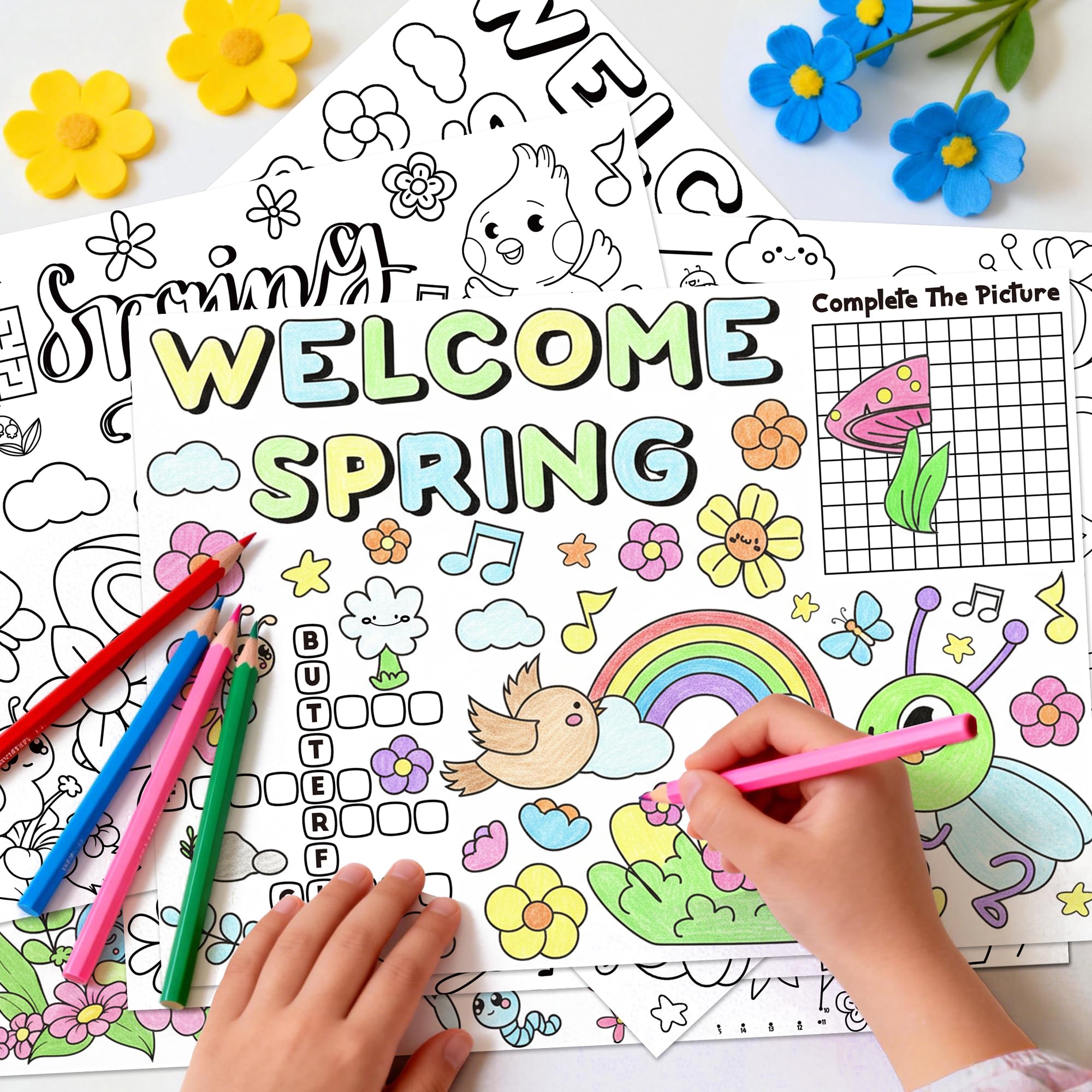 ANGOLIO Hello Spring Coloring Page - 32PCS Welcome Spring Scene Activity Game Coloring Sheets for Kids, Bee Butterfy Flower DIY Crafts Poster for Home School Classroom Gifts Easter Holiday Party Favor - Image 6