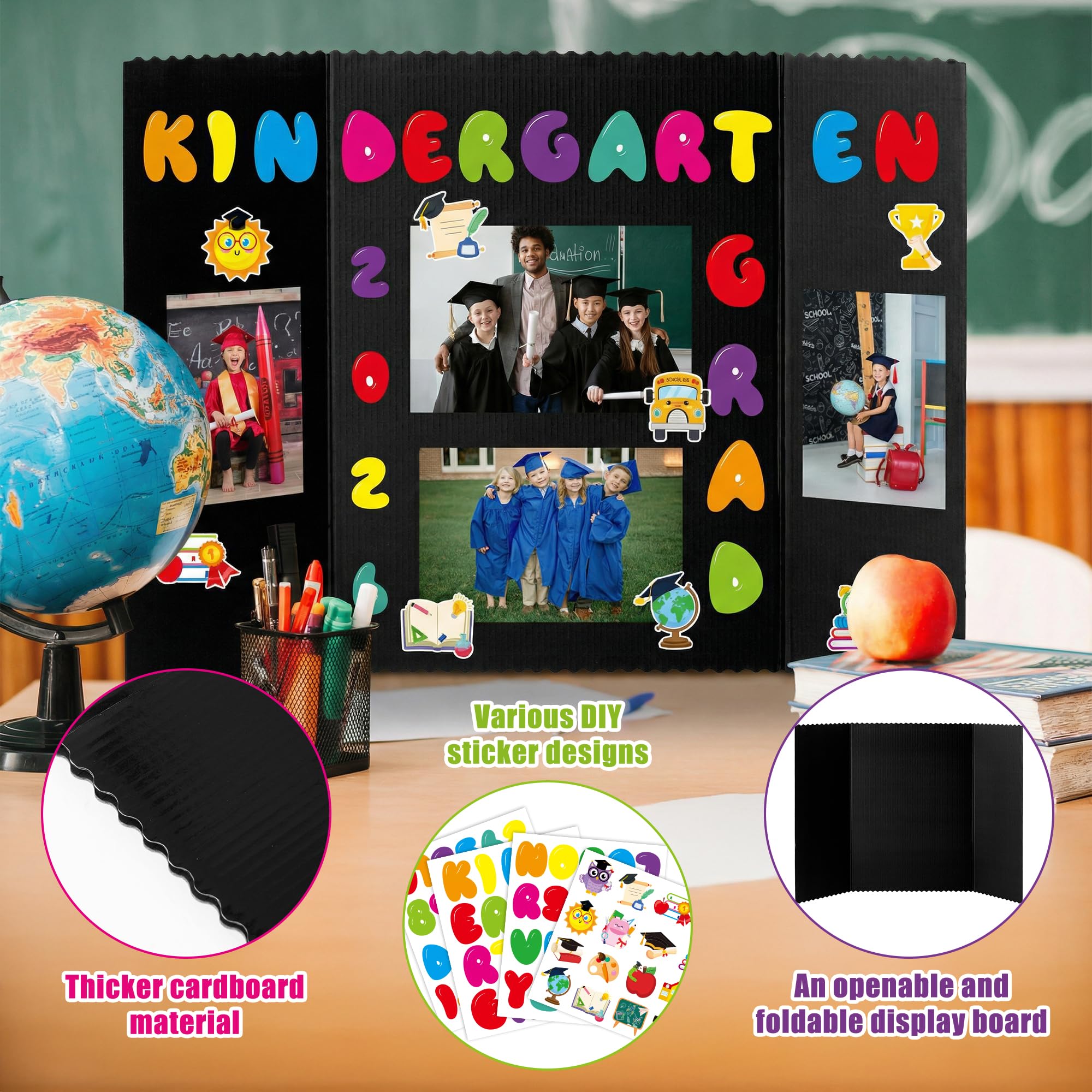 ANGOLIO Kindergarten Graduation Photo Display Board - 4 Sets Graduation Photo Trifold Poster Board with 16 Grad Themed Sticker for 2026 Grad Party Decoration Picture Collage Frame Supplies (24” x 16”) - Image 3