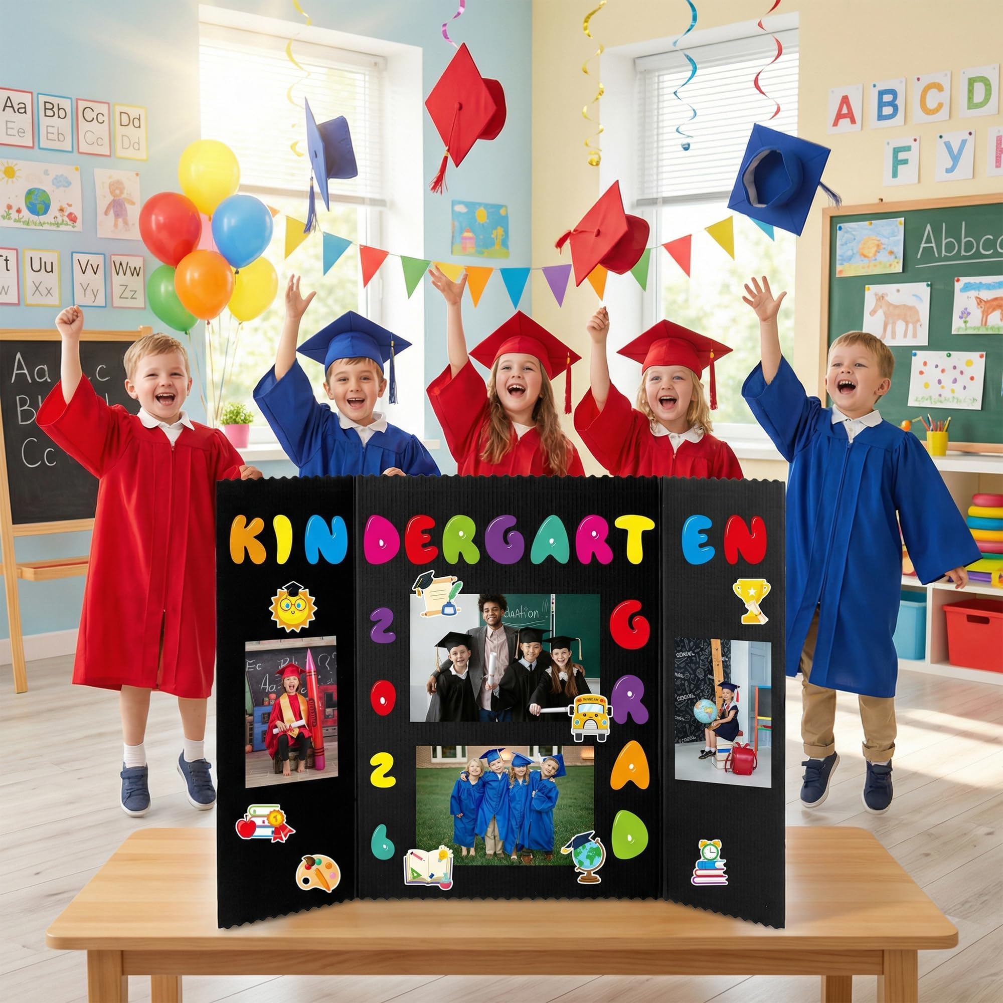 ANGOLIO Kindergarten Graduation Photo Display Board - 4 Sets Graduation Photo Trifold Poster Board with 16 Grad Themed Sticker for 2026 Grad Party Decoration Picture Collage Frame Supplies (24” x 16”) - Image 4