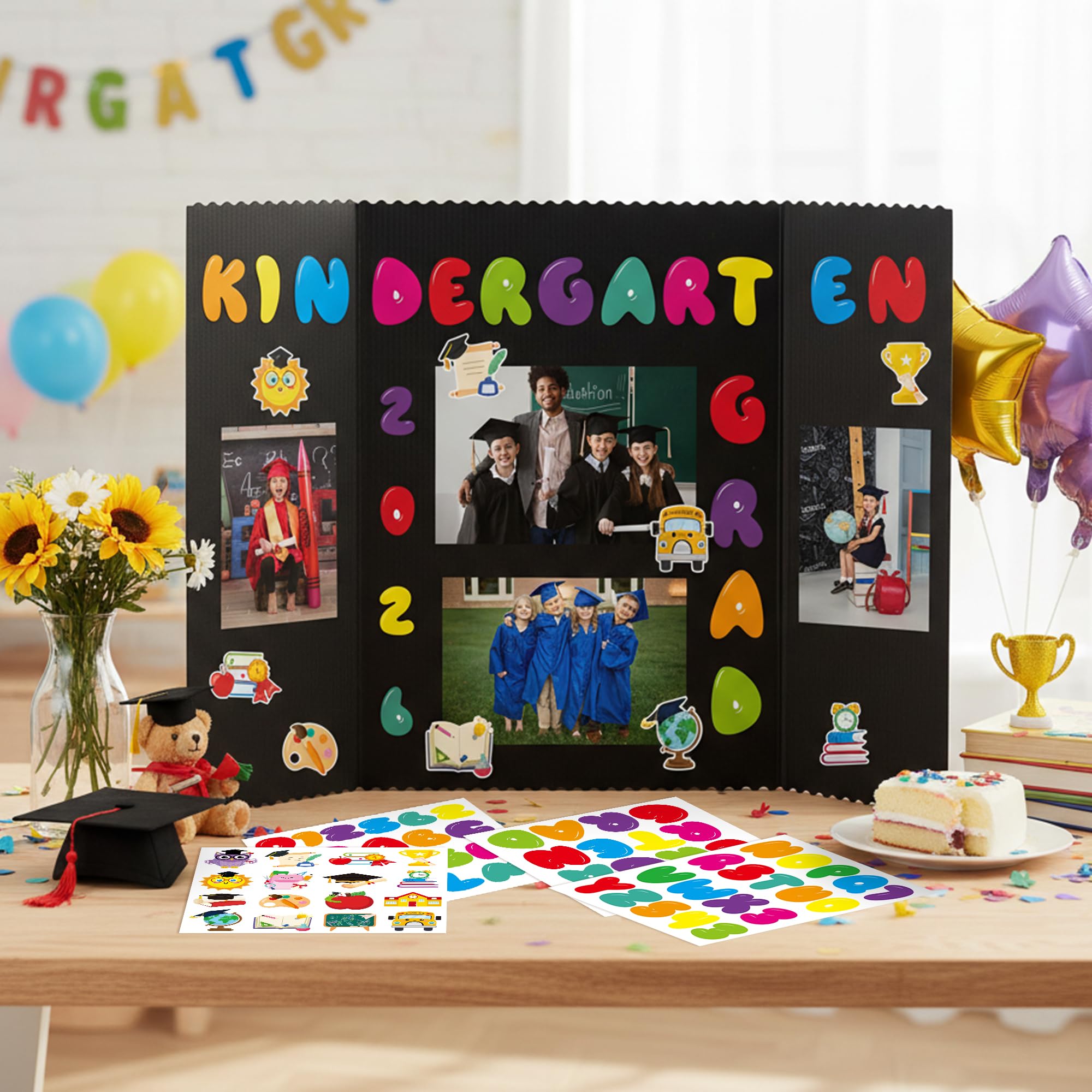 ANGOLIO Kindergarten Graduation Photo Display Board - 4 Sets Graduation Photo Trifold Poster Board with 16 Grad Themed Sticker for 2026 Grad Party Decoration Picture Collage Frame Supplies (24” x 16”) - Image 6