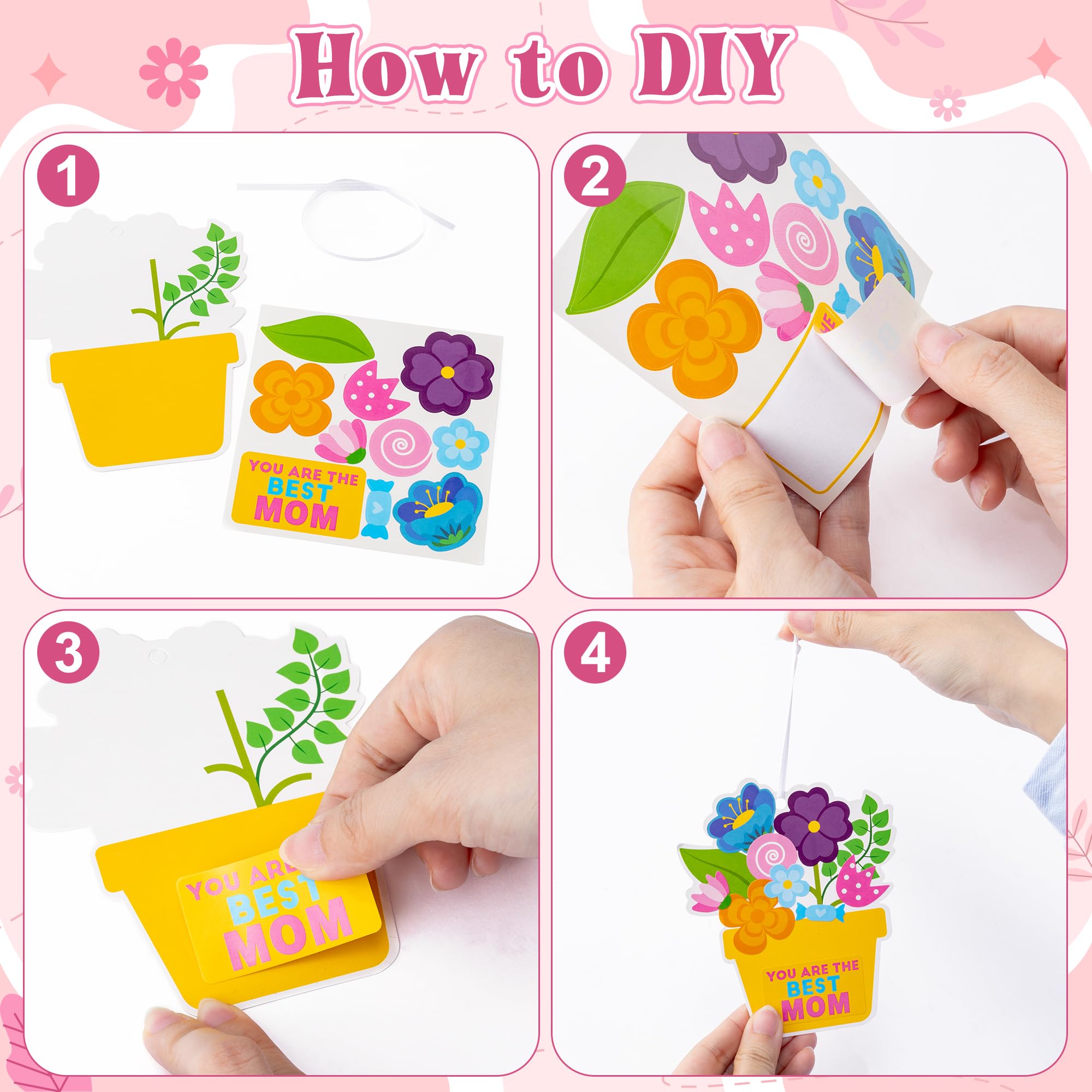 ANGOLIO Mother's Day Craft Kit - 40Sets Mother's Day Flowers DIY Paper Craft Kit Make Your Own Flower Pot Hanging Ornaments with Floral Stickers Thankful Gift for Mom Ladies Classroom DIY Art Activity - Image 3