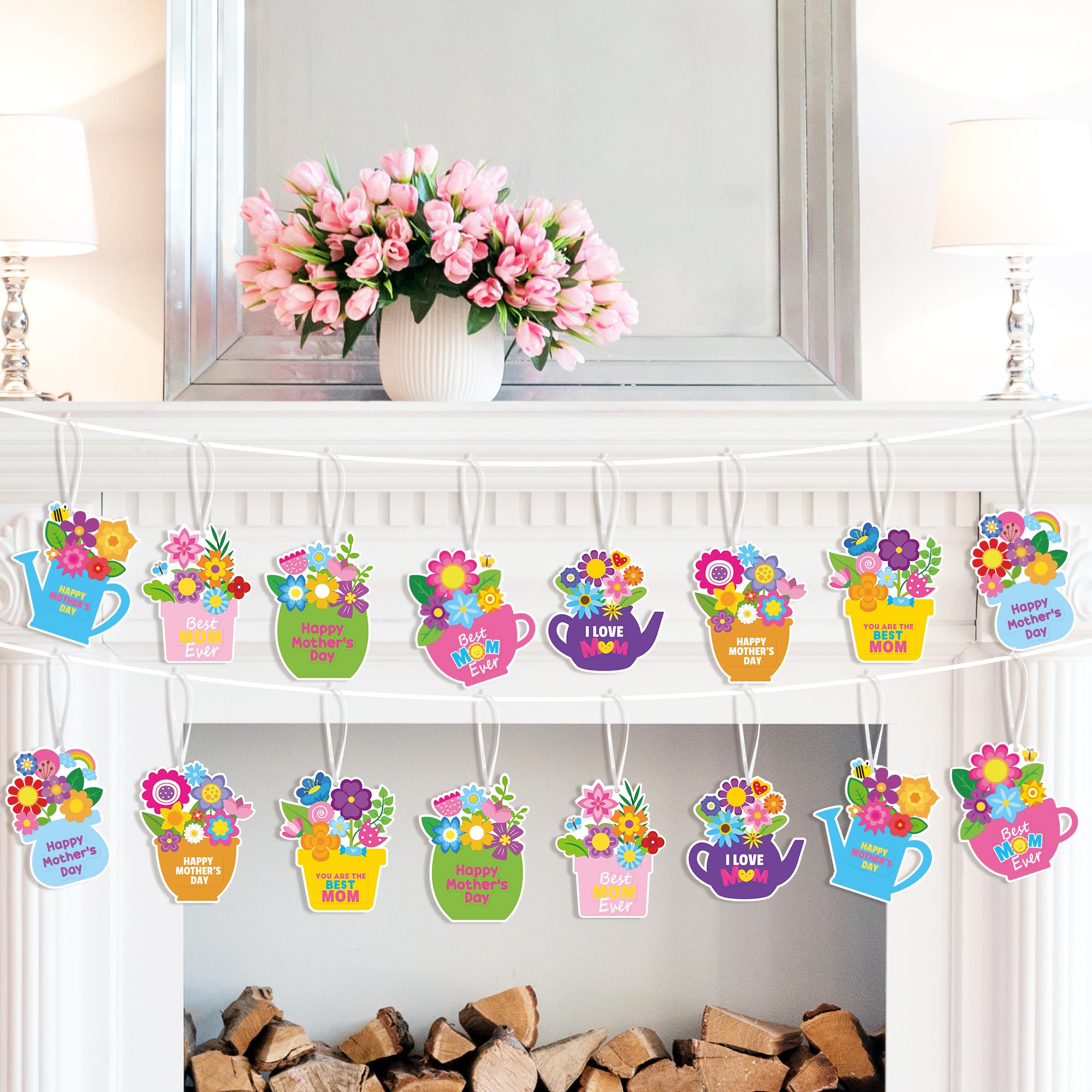 ANGOLIO Mother's Day Craft Kit - 40Sets Mother's Day Flowers DIY Paper Craft Kit Make Your Own Flower Pot Hanging Ornaments with Floral Stickers Thankful Gift for Mom Ladies Classroom DIY Art Activity - Image 7