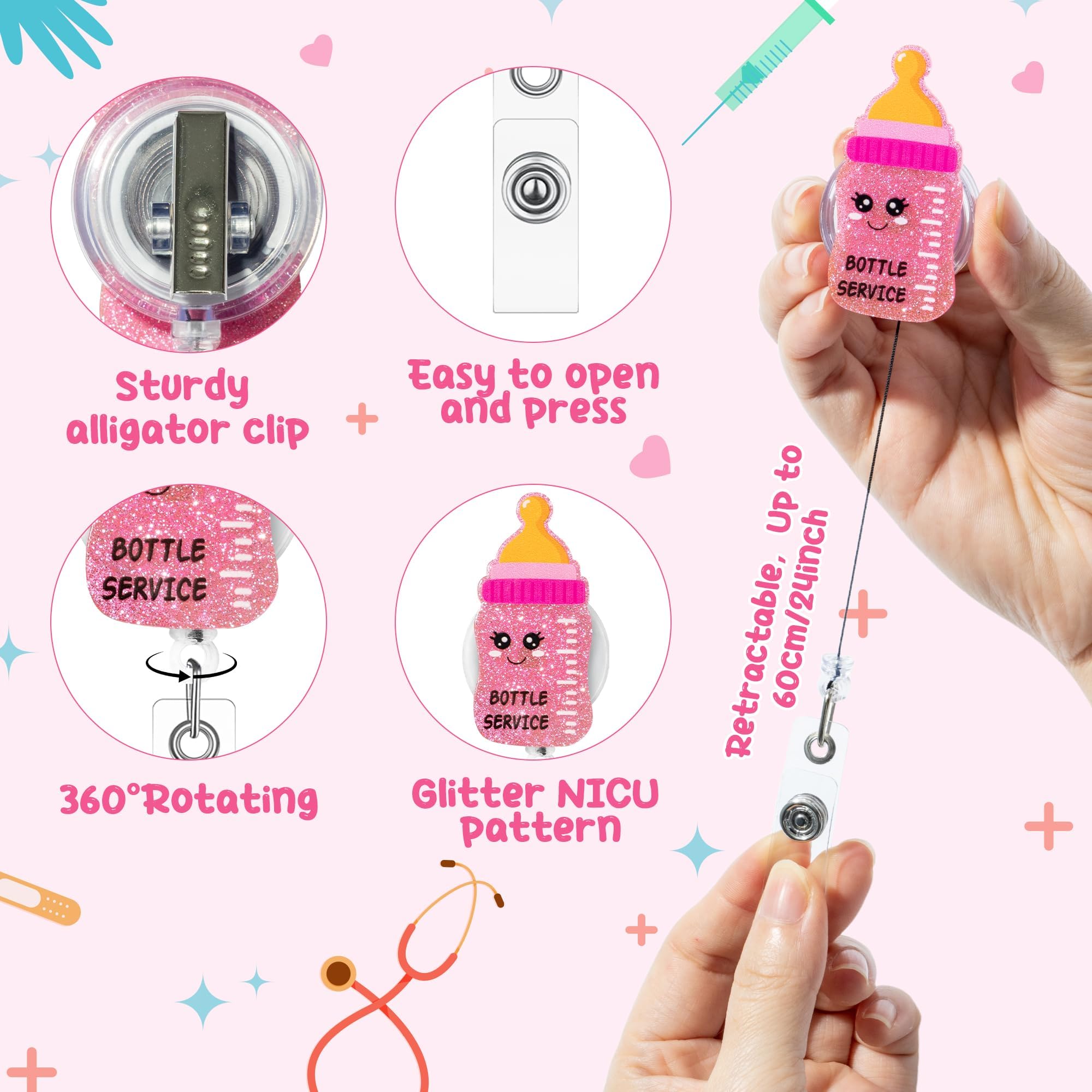 ANGOLIO Nurse NICU Badge Reel - National Nurses Day 6Pcs Funny Retractable Glitter Acrylic Newborn NICU Badge Holders Cute ID Holder Reels Clip for RN Doctors Medical Office Workers Teachers Supplies - Image 3