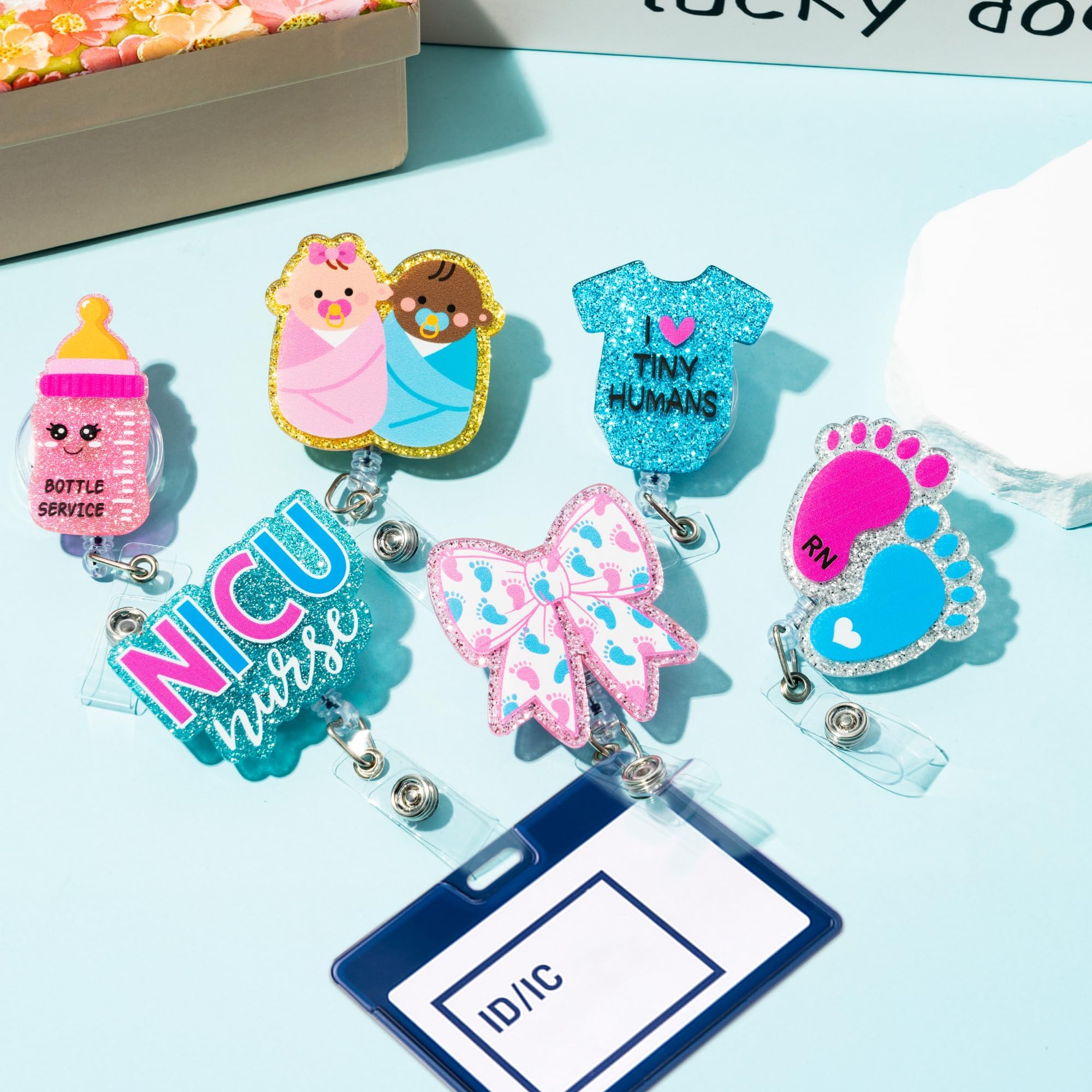 ANGOLIO Nurse NICU Badge Reel - National Nurses Day 6Pcs Funny Retractable Glitter Acrylic Newborn NICU Badge Holders Cute ID Holder Reels Clip for RN Doctors Medical Office Workers Teachers Supplies - Image 6