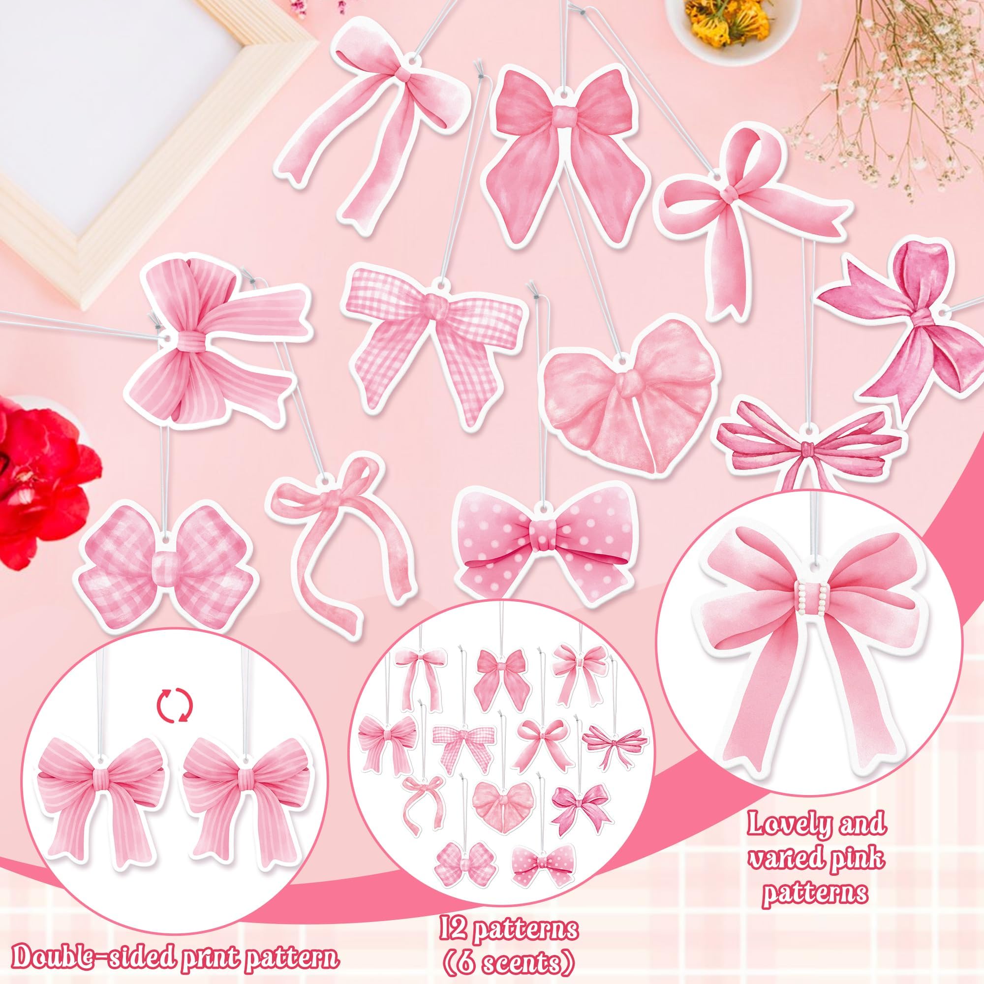 ANGOLIO Pink Bow Car Fresheners Valentine's Day Gifts 12Pcs Scented Hanging Oil Bow Air Freshener Hanging Ornaments Paper Pendant Scented Diffuser for Car Interior Accessories Home Office Wall Decor - Image 4